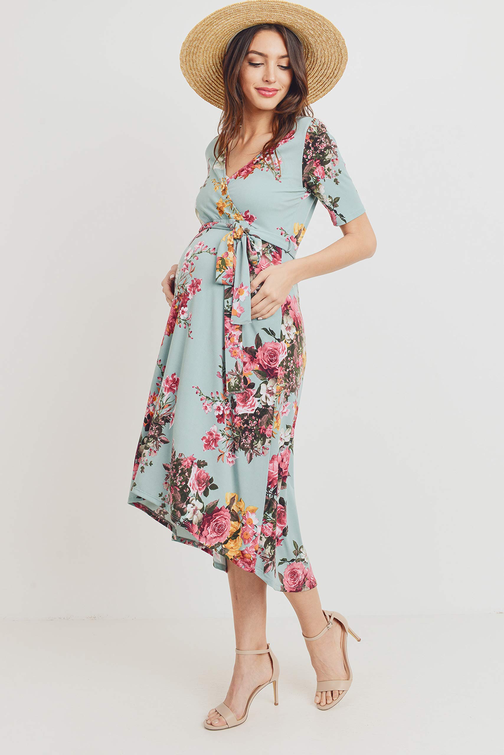 Maternity Wrap Dress for Women - Stretchy Mid-Length Nursing Dress with Adjustable Waist Belt | Perfect for Pregnancy, Breastfeeding & Postpartum Wear