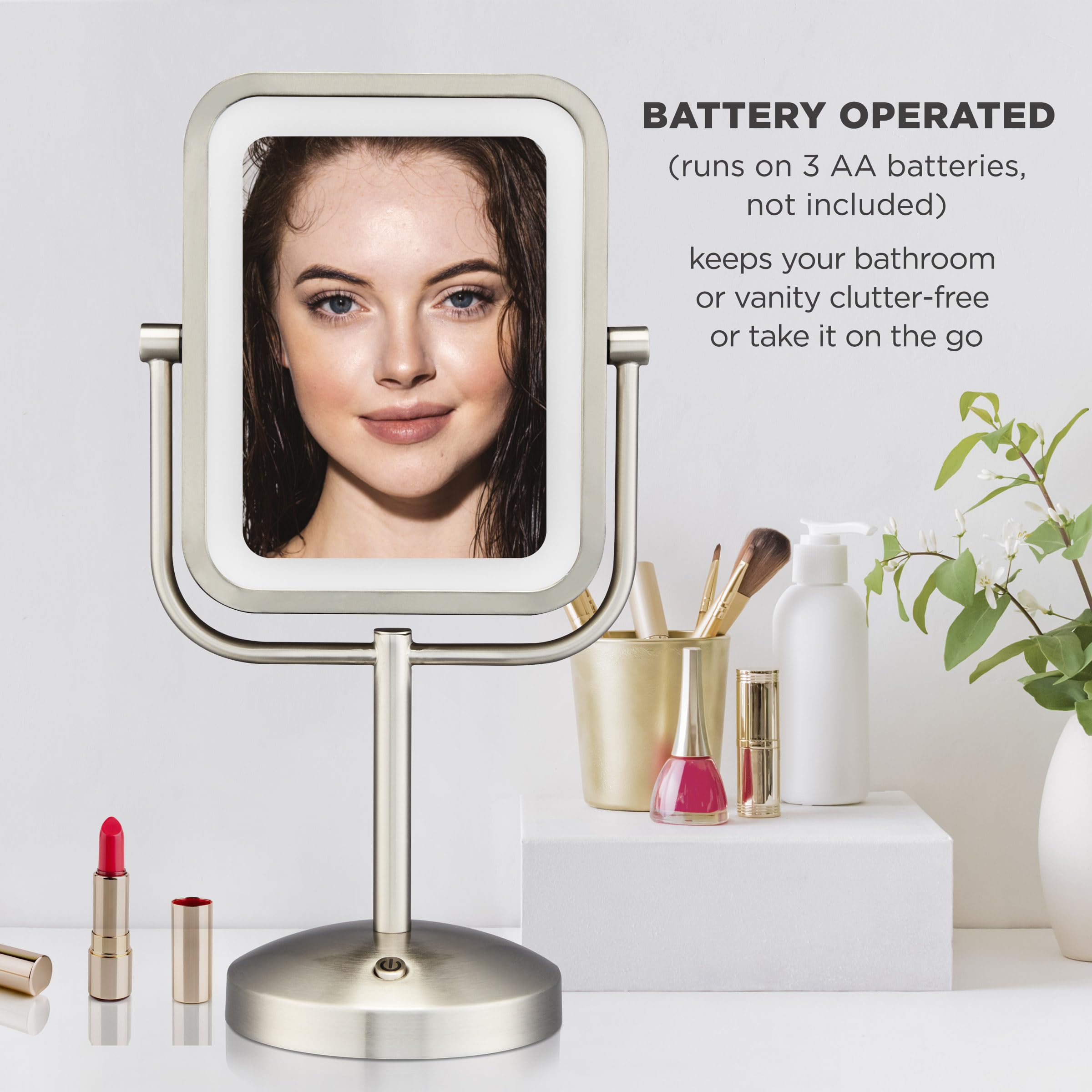 Conair Lighted Makeup Mirror with LED Lights - 1X/8X Magnifying Vanity Mirror, Battery Operated in Brushed Nickel - Perfect for Home & Travel Makeup Application, Skincare Routine & Eyebrow Grooming