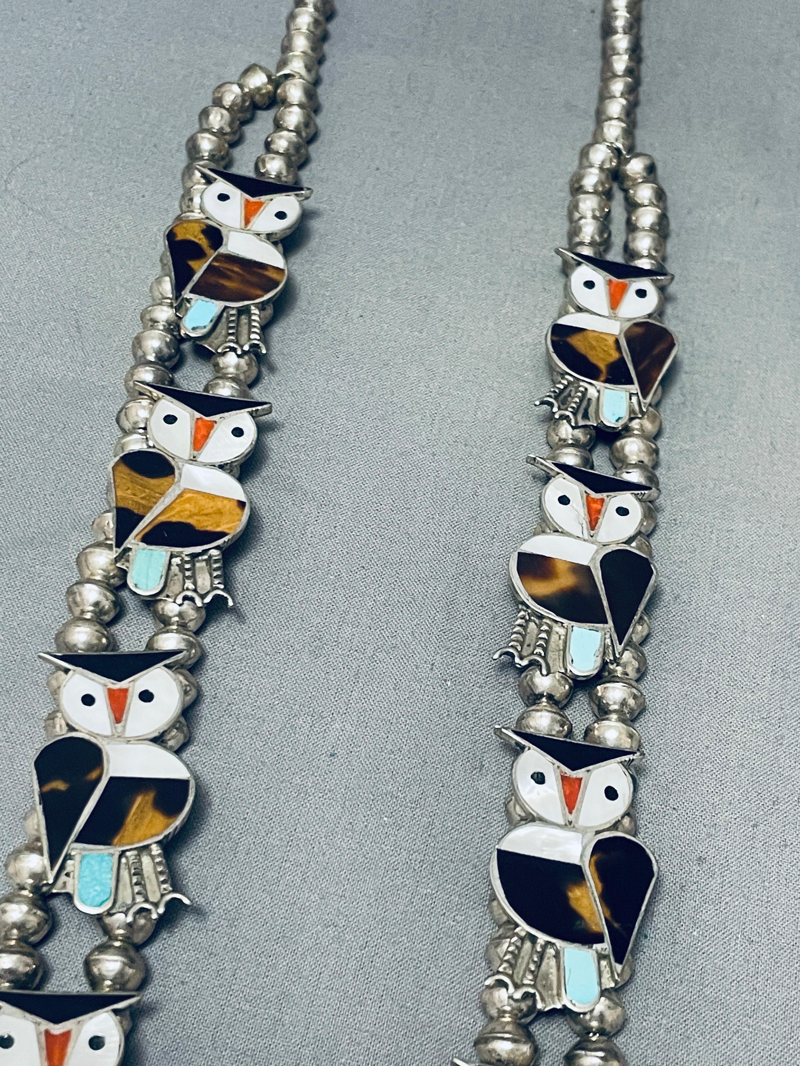Vintage 1970s Zuni Native American Owl Sterling Silver Squash Blossom Necklace - 149g Handcrafted Inlay Jewelry for Boho Fashion & Southwest Style Outfits