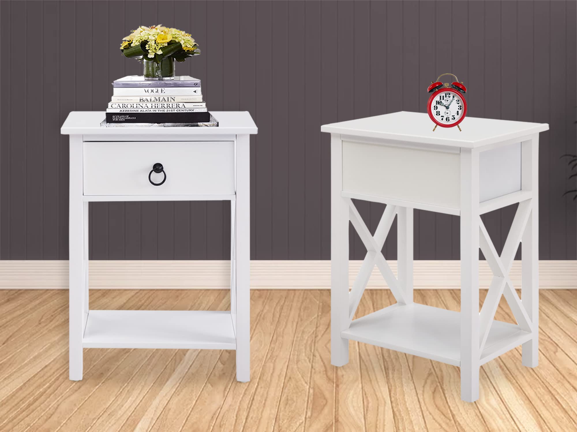 Compact 1.8ft Wooden Nightstand Set of 2 with Drawer - Space-Saving Bedside Tables for Small Bedrooms - White Modern Nightstands for Bedroom Decor - Perfect for Apartment Living, Dorm Rooms & Guest Rooms