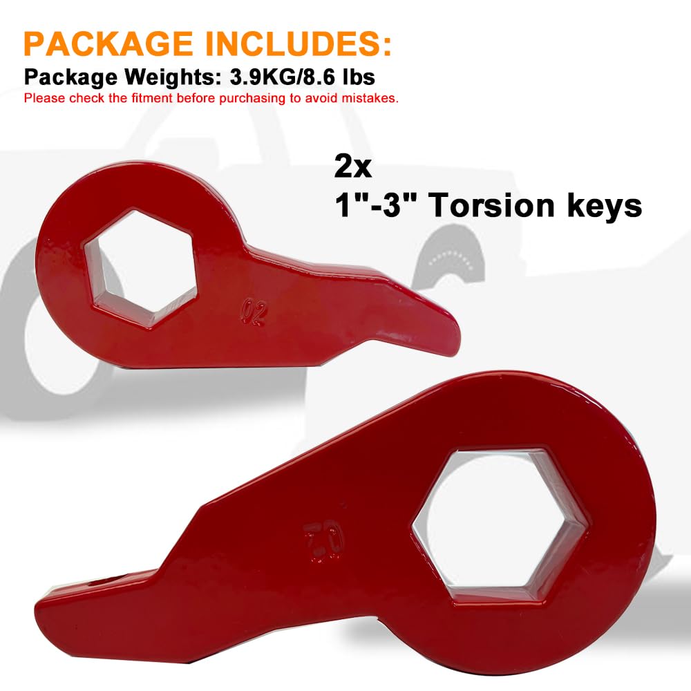 **Forged Steel Torsion Bar Keys 1-3 Inch Leveling Lift Kit – Compatible with 2001-2010 Chevy Silverado & GMC Sierra 2500/3500 2WD/4WD 8-Lug (Red) – Heavy-Duty Suspension Upgrade for Off-Road & Towing**
