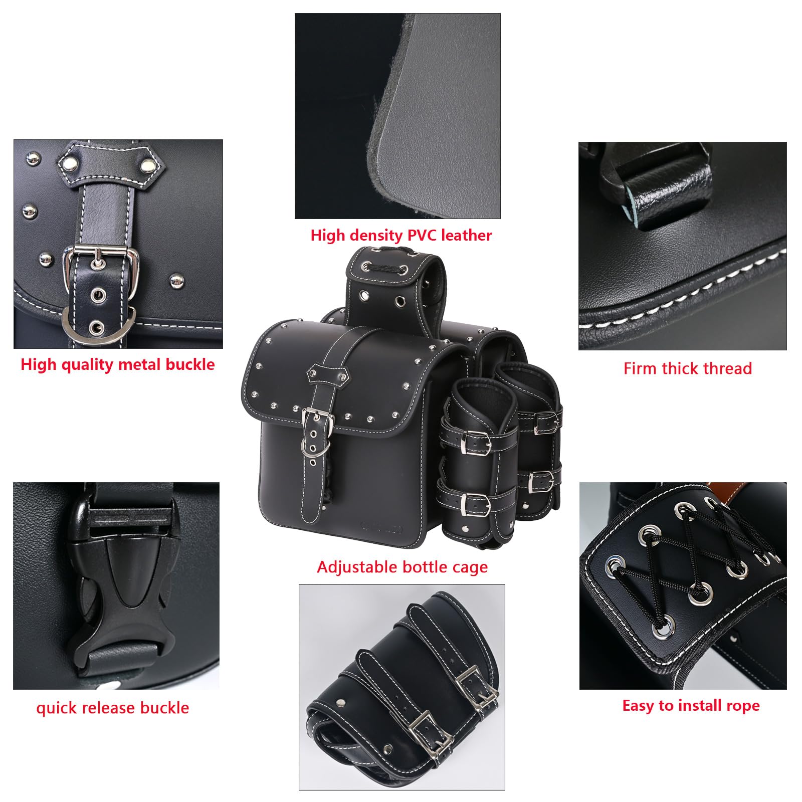 Premium High-Density Leather Motorcycle Saddlebags - Universal Throw Over Side Bags with Cup Holder, Waterproof Storage Tool Pouch for Harley, Cruiser & Touring Bikes (1 Pair, Black) - Perfect for Long Rides, Road Trips & Daily Commuting
