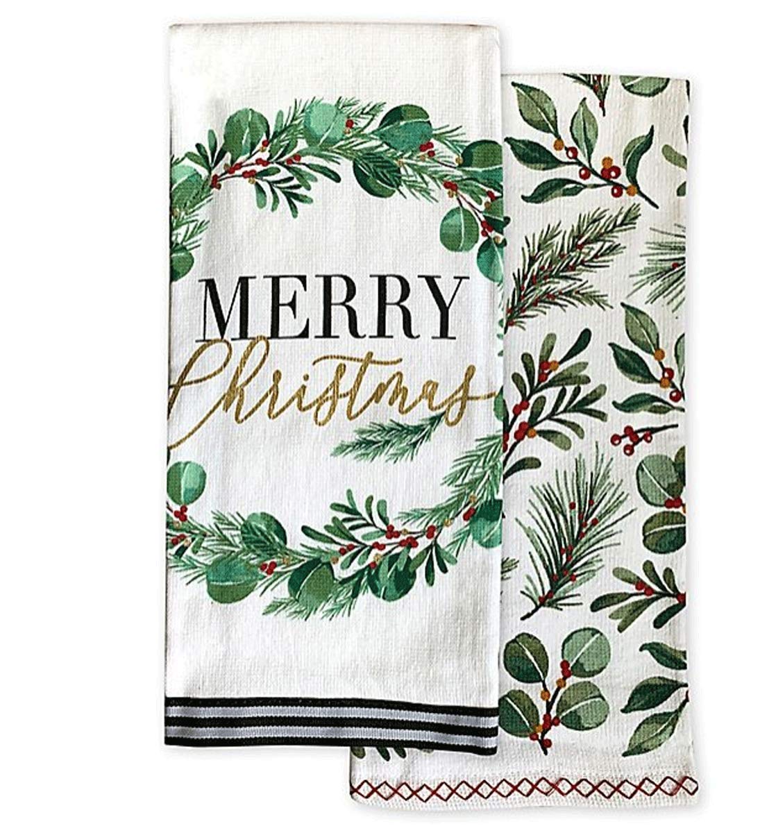 Premium Christmas Cotton Kitchen Towel Set - 2 Pack Holiday Dish Towels with Festive Wreath Design | Perfect for Holiday Cooking, Baking & Kitchen Decor