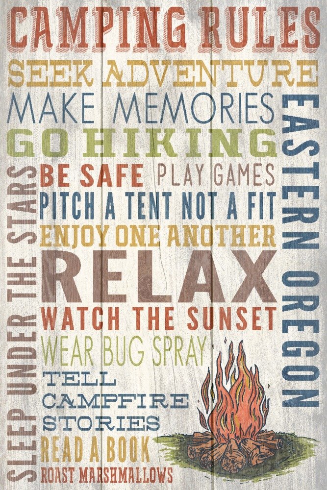 Eastern Oregon Camping Rules Rustic Typography Metal Wall Art - 24x36 Premium Aluminum Sign for Outdoor Decor, Cabin & RV Camping