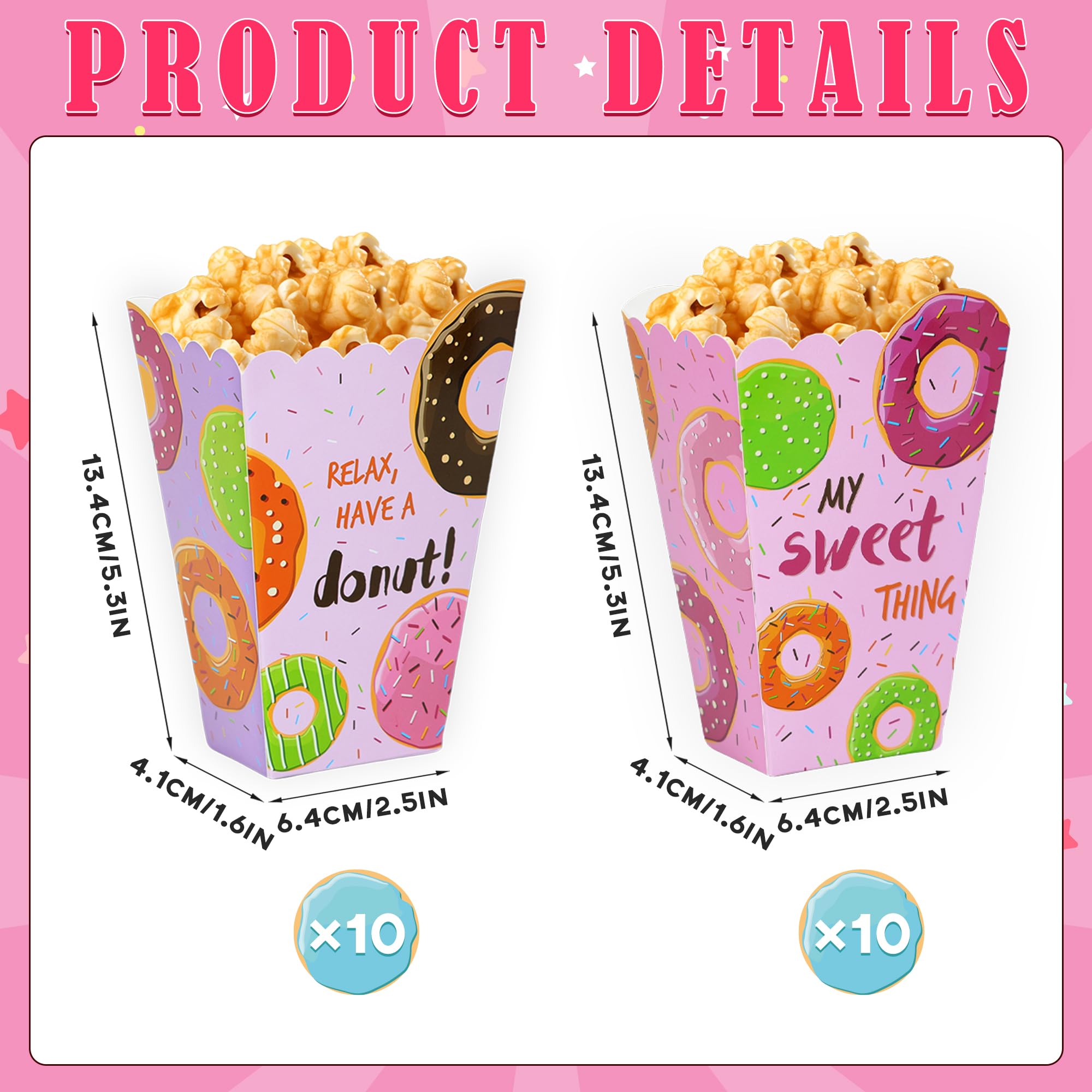 20-Pack Donut Popcorn Boxes for Birthday Parties - Themed Dessert Gift Boxes for Donut Lover Celebrations - Perfect for Birthday Favors, Movie Nights & Sweet Treat Displays