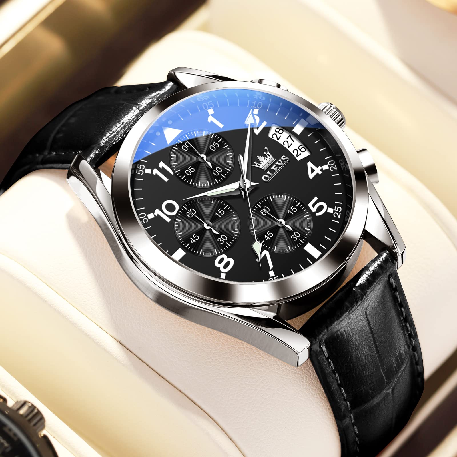 OLEVS Men's Chronograph Quartz Watch - Gold Stainless Steel Case, Leather Strap, Waterproof, Luminous Hands, Day Date Function - Brown/Black/Blue/White Dial - Perfect for Business, Casual & Outdoor Activities