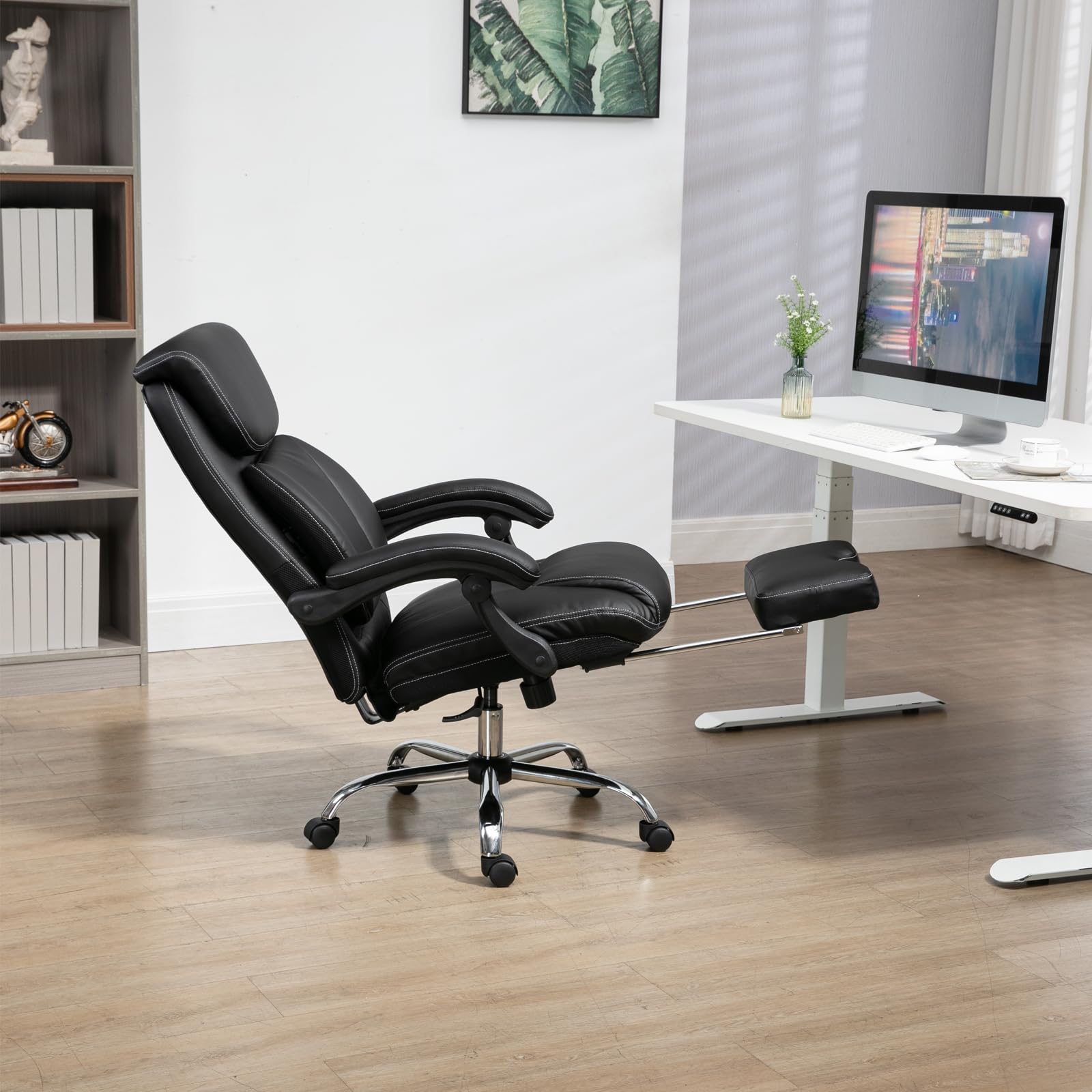 Ergonomic Massage Office Chair with Footrest - High Back Reclining Executive Chair, PU Leather Swivel Computer Desk Chair with Adjustable Height & Armrests (280 lb Capacity, Black) - Perfect for Home Office, Gaming & Workspaces