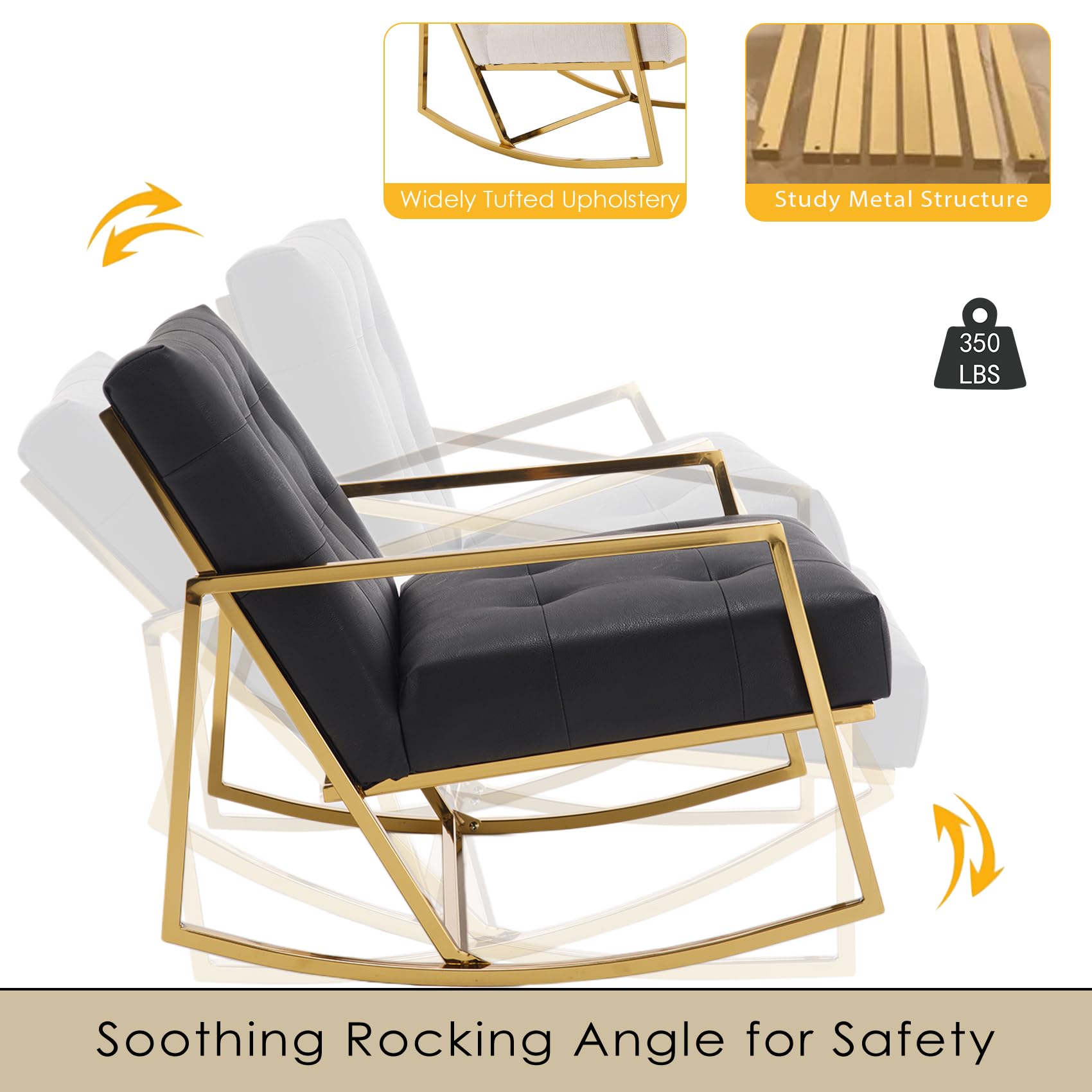 2 Pack PU Leather Rocking Recliner Chairs with Gold Metal Base - Modern Glider Rocker for Nursery, Living Room & Bedroom - Wide Comfy Reading Accent Chair for Indoor Use (Black)