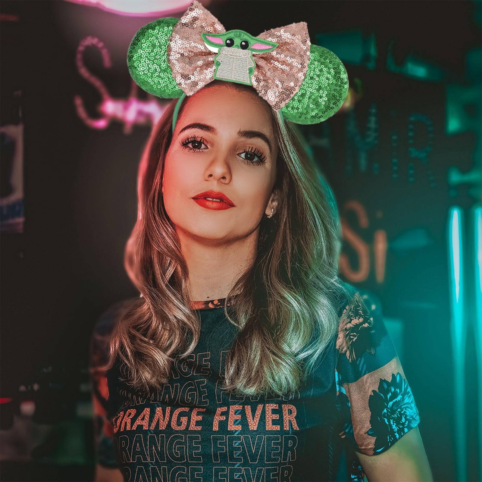 Sparkly Sequin Minnie Mouse Ears Headband & Yoda Bow Headband - Rose Gold & Classic Red Disney Ears for Women & Girls | Perfect for Disney Parks, Cosplay & Themed Parties (Star Wars Green)