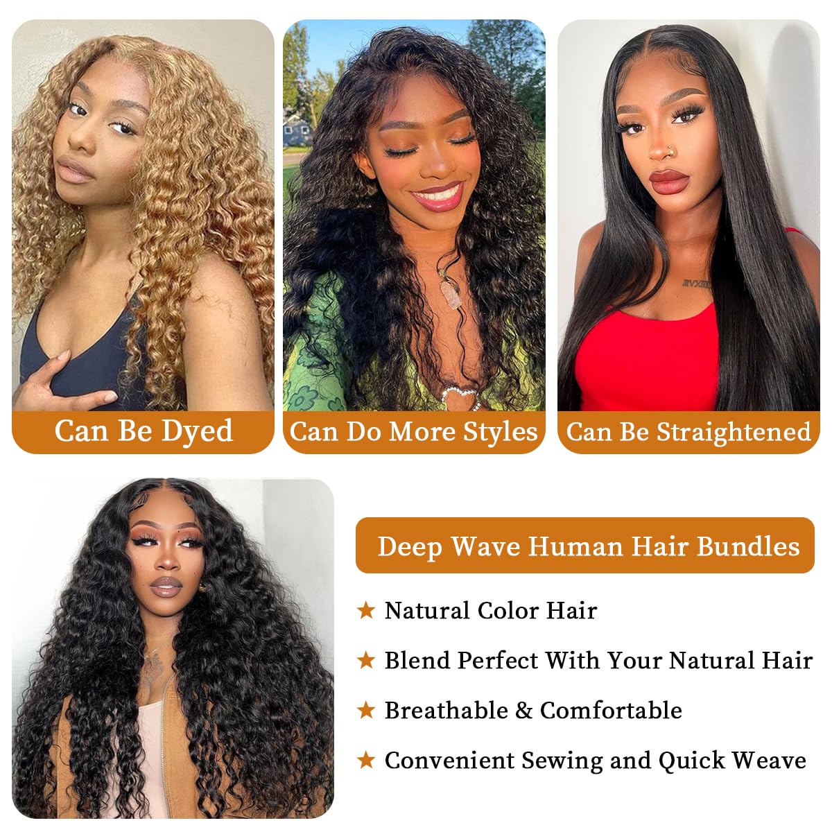 12A Deep Wave Human Hair Bundles 22 24 26 Inch - 100% Unprocessed Virgin Human Hair Extensions for Weaving & Styling - Natural Black Color (300g) - Perfect for Daily Wear, Parties & Special Occasions