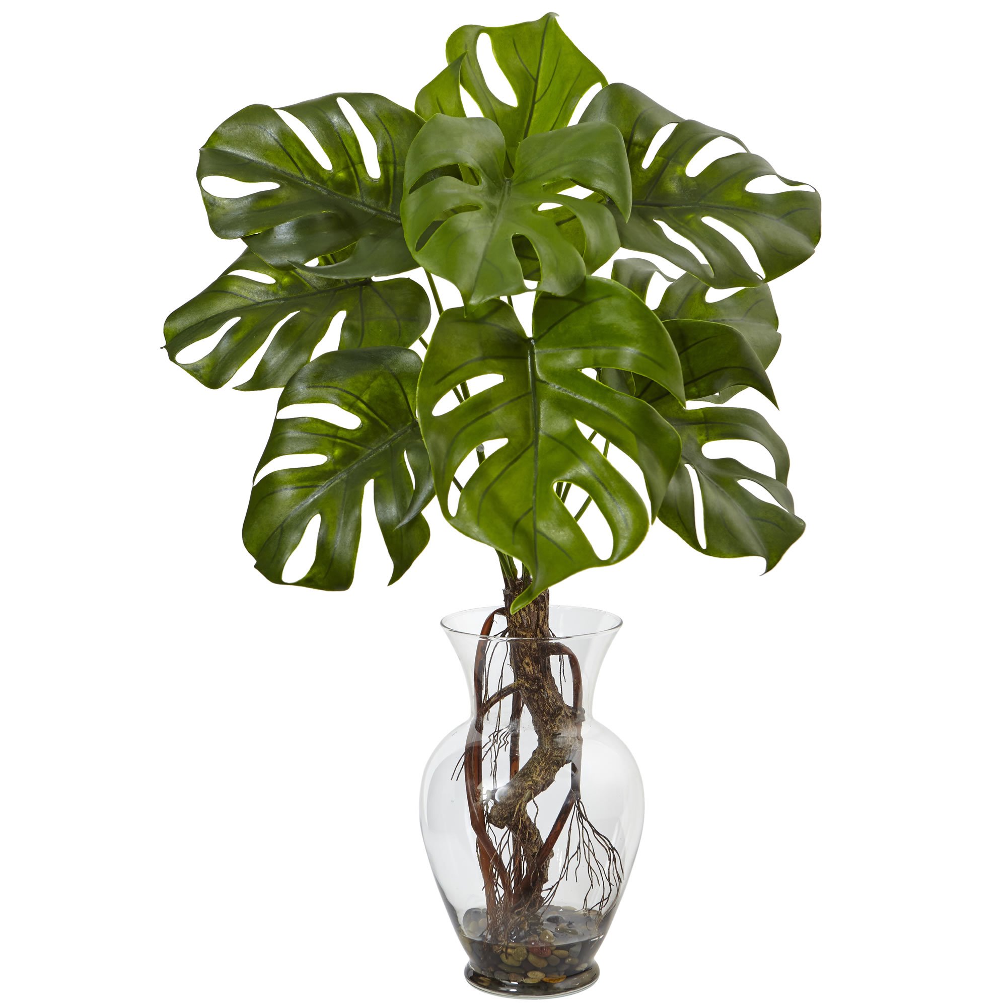 Nearly Natural 26 Inch Artificial Monstera Plant in Decorative Rocks with Glass Vase - Perfect for Home Office Decor, Living Room Centerpiece, and Indoor Greenery Enhancement