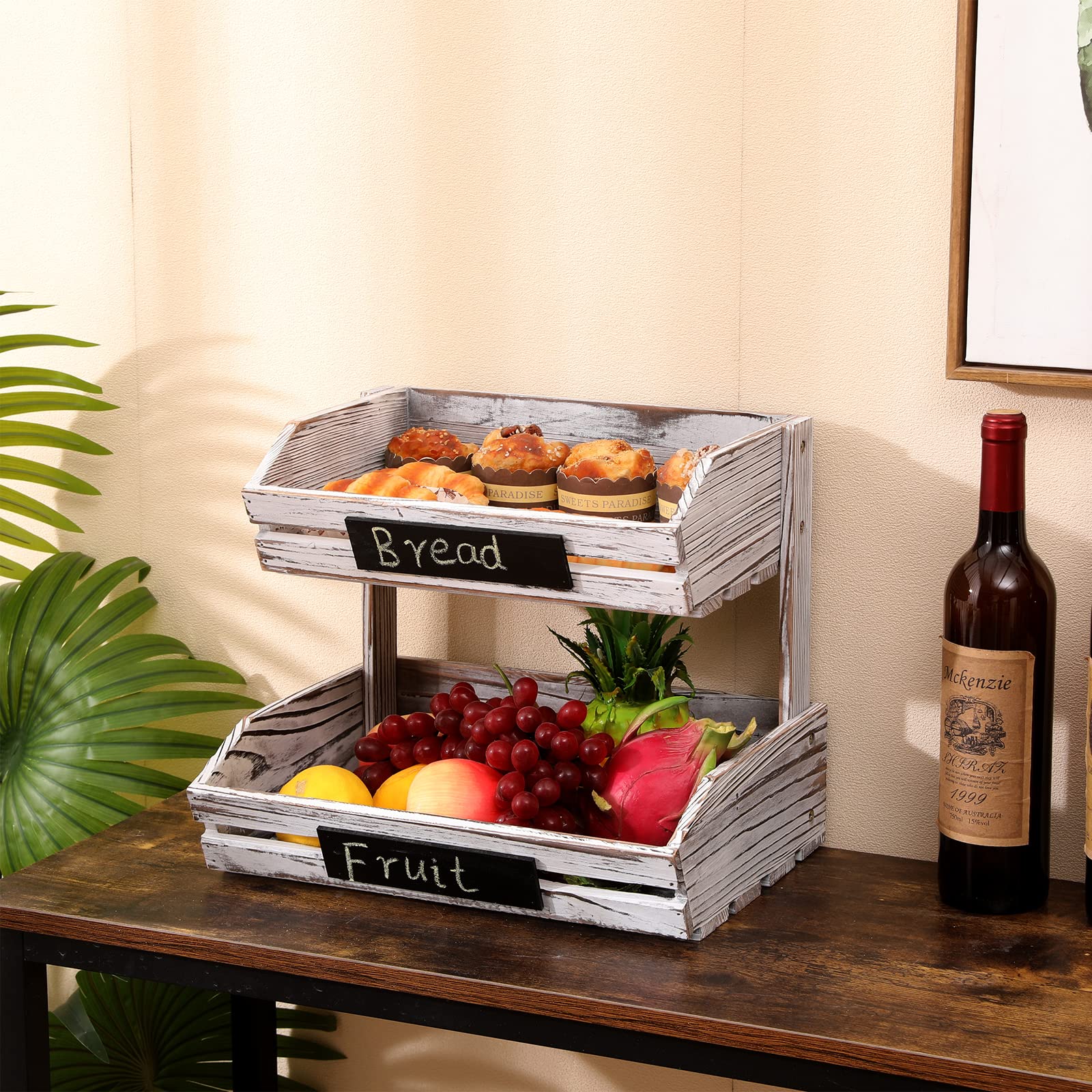 Farmhouse 2-Tier Wooden Hanging Fruit Basket - Kitchen Storage Organizer for Fruits, Vegetables & Essentials | Rustic Standing Rack for Kitchen, Dining Room, Office & Guest Room (Assembly Required) | Perfect for Farmhouse Decor, Pantry Organization & Fresh Produce Display