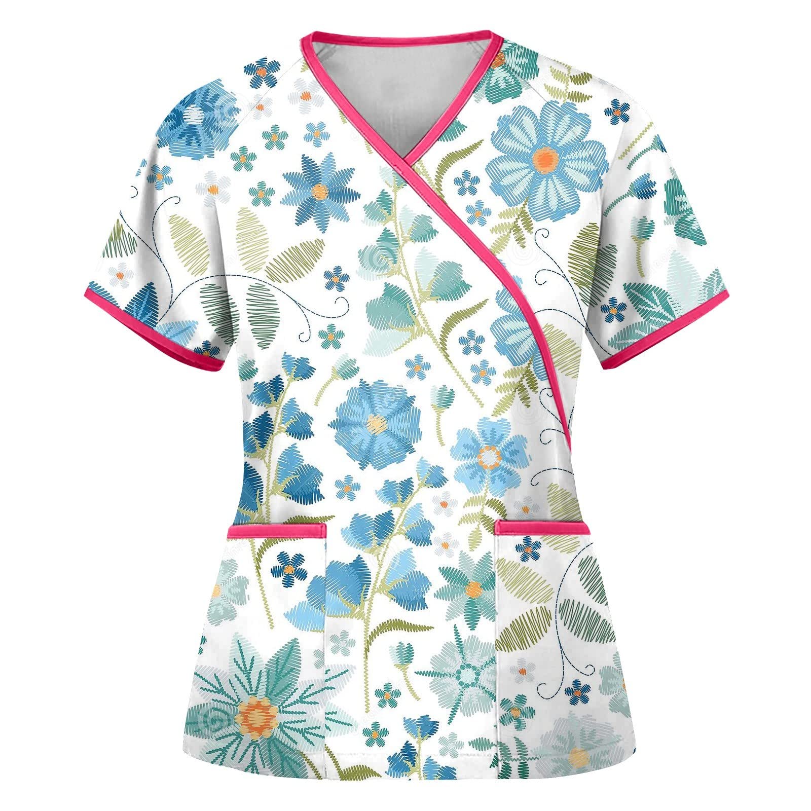 Women's Printed Short Sleeve V-Neck Work Blouse with Pocket - Professional Office Shirt Shell Top for Business Casual Wear