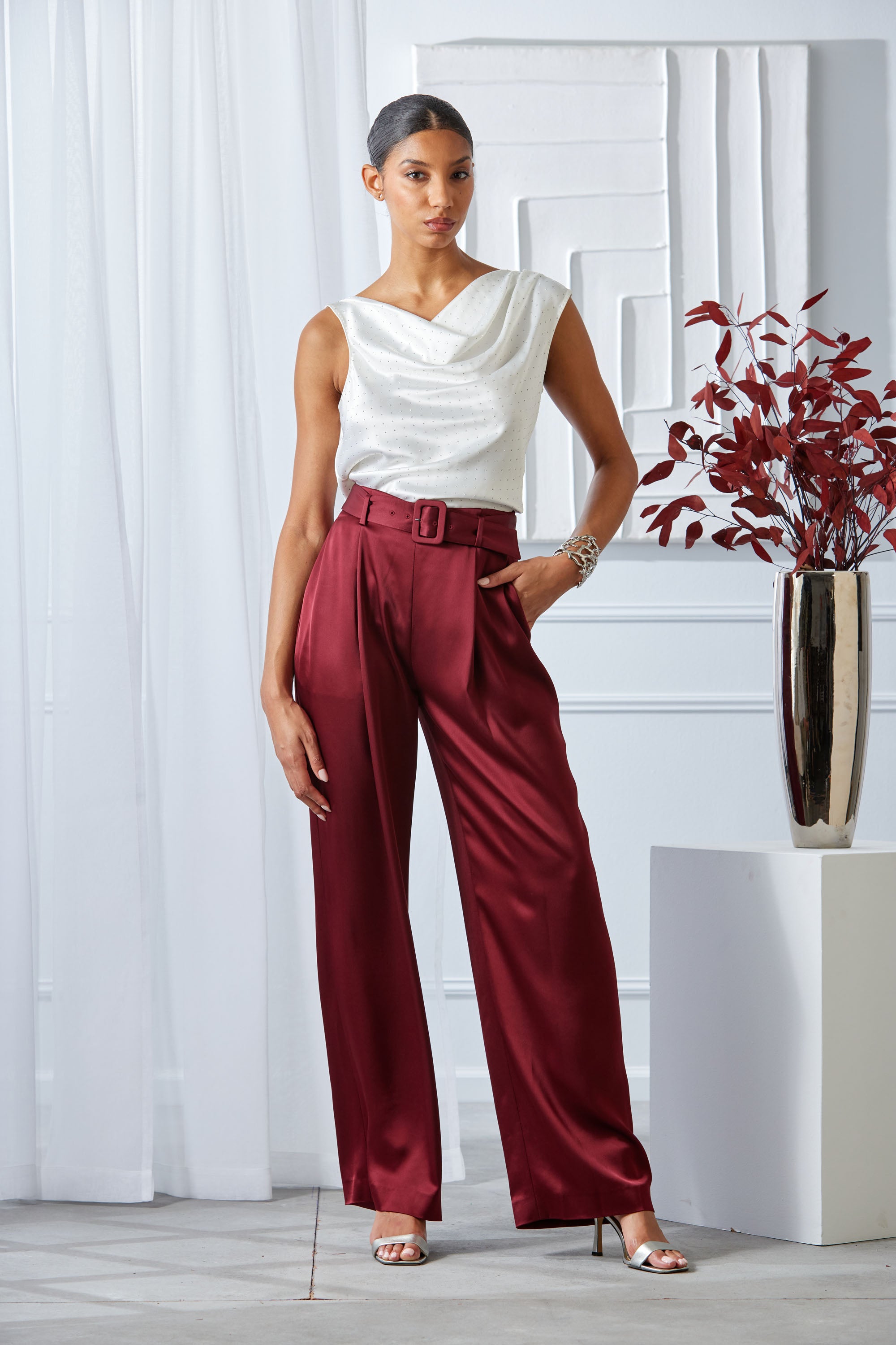 Elegant Satin Crystal Cowl Neck Blouse for Women - Perfect for Evening Parties, Date Nights & Special Occasions