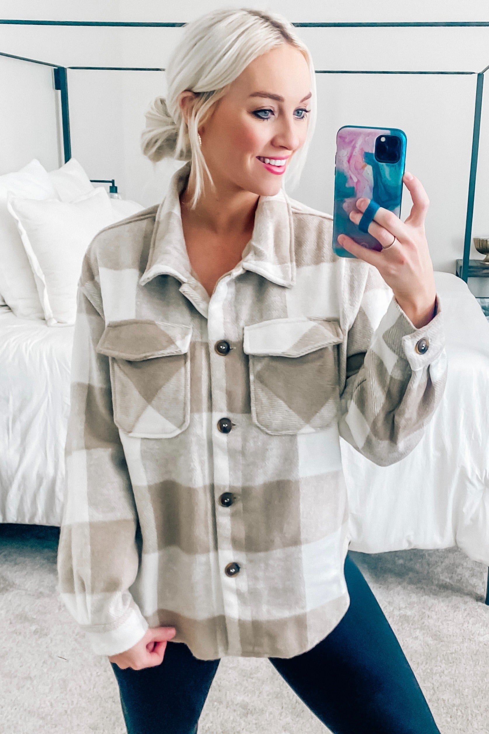 Beige Plaid Knit Shirt Jacket for Women - Cozy Oversized Button Up Cardigan Sweater | Perfect for Fall Layering, Casual Outfits & Outdoor Activities