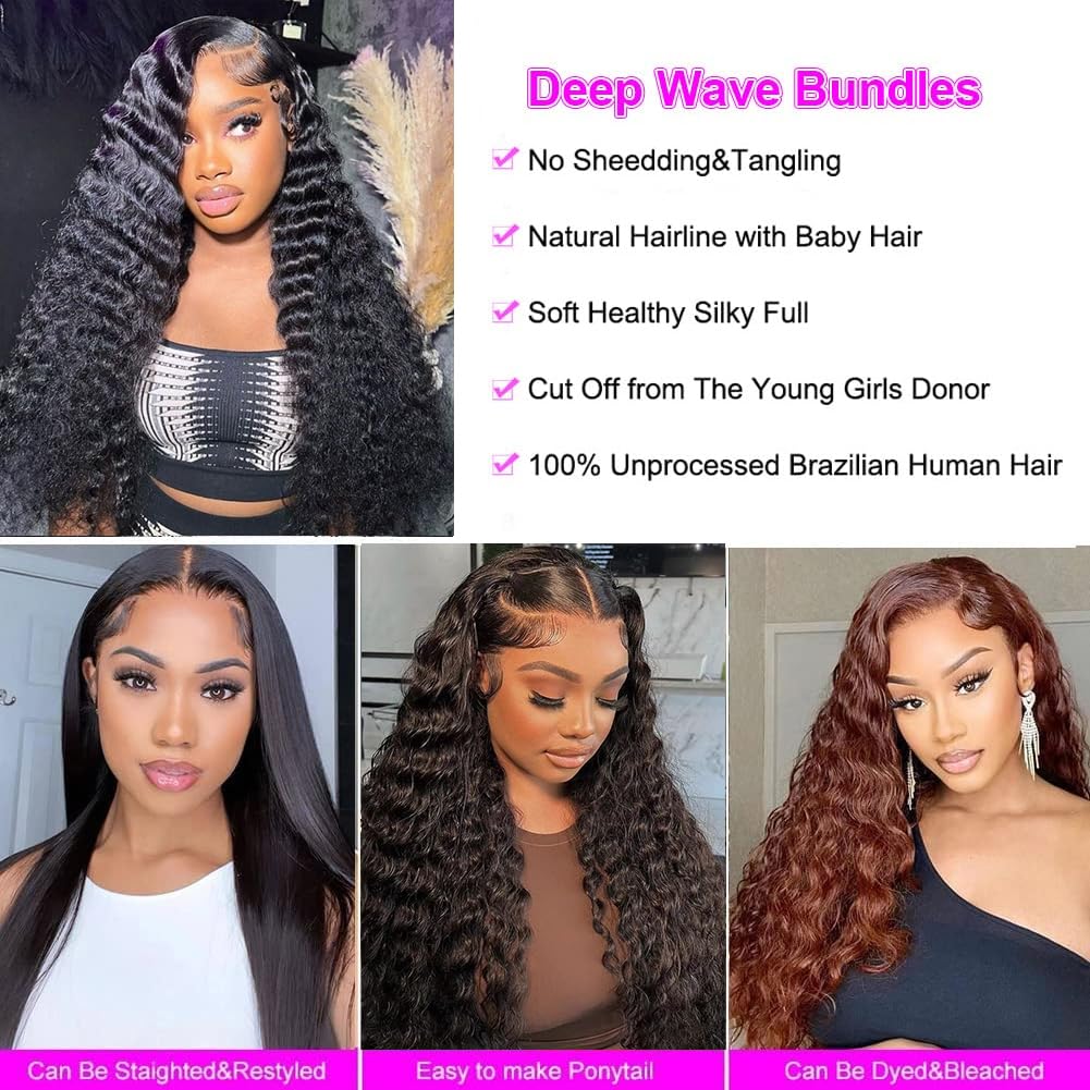 100% Unprocessed Brazilian Virgin Remy Human Hair Deep Wave Bundles - Double Weft Curly Hair Extensions for Natural Look & Volume | Perfect for Daily Wear, Parties & Special Occasions