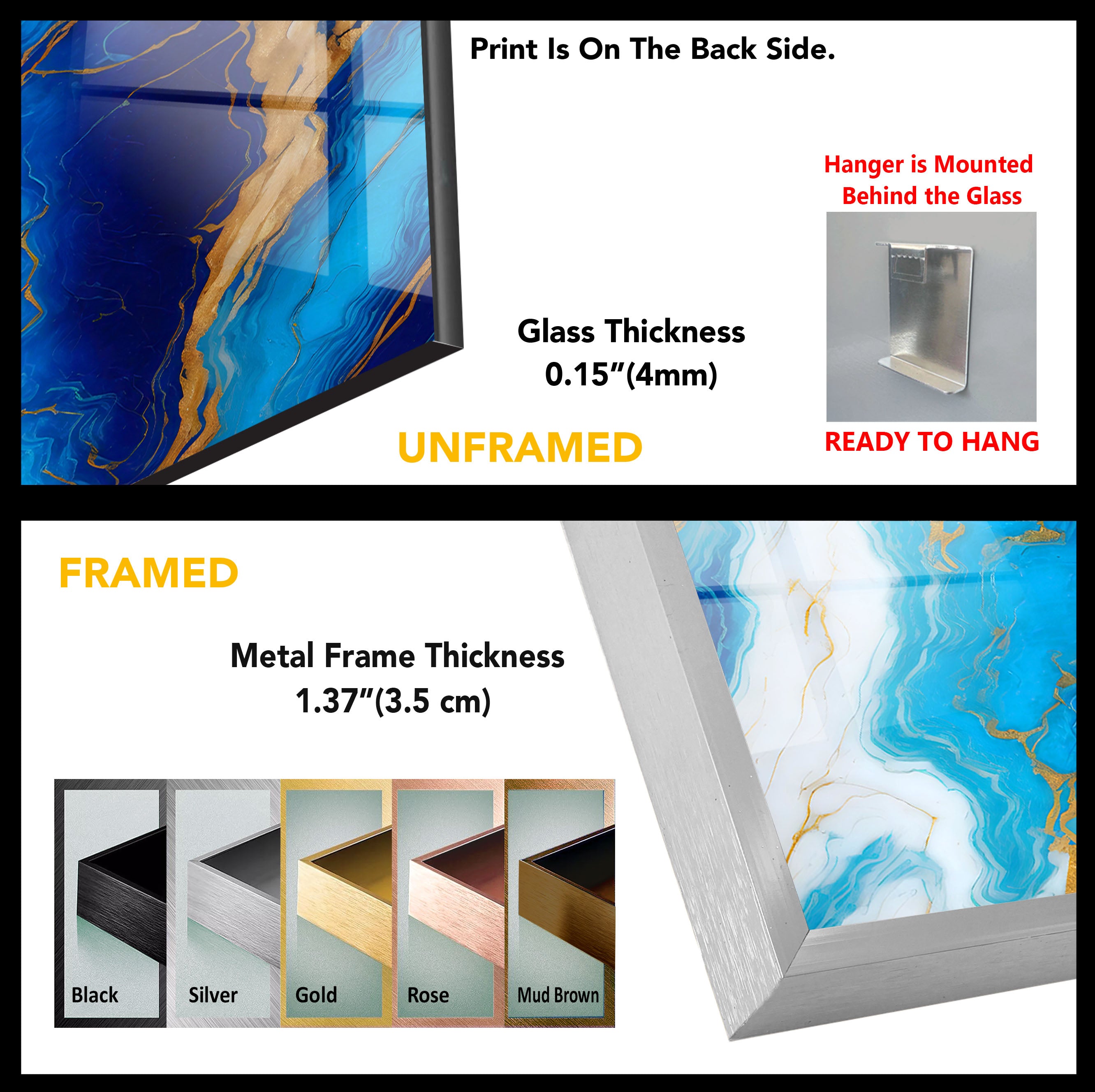Blue Marble and Gold Wall Art - Glossy Glass Print with White and Gold Veins for Modern Home Decor | Perfect for Living Room, Bedroom & Office