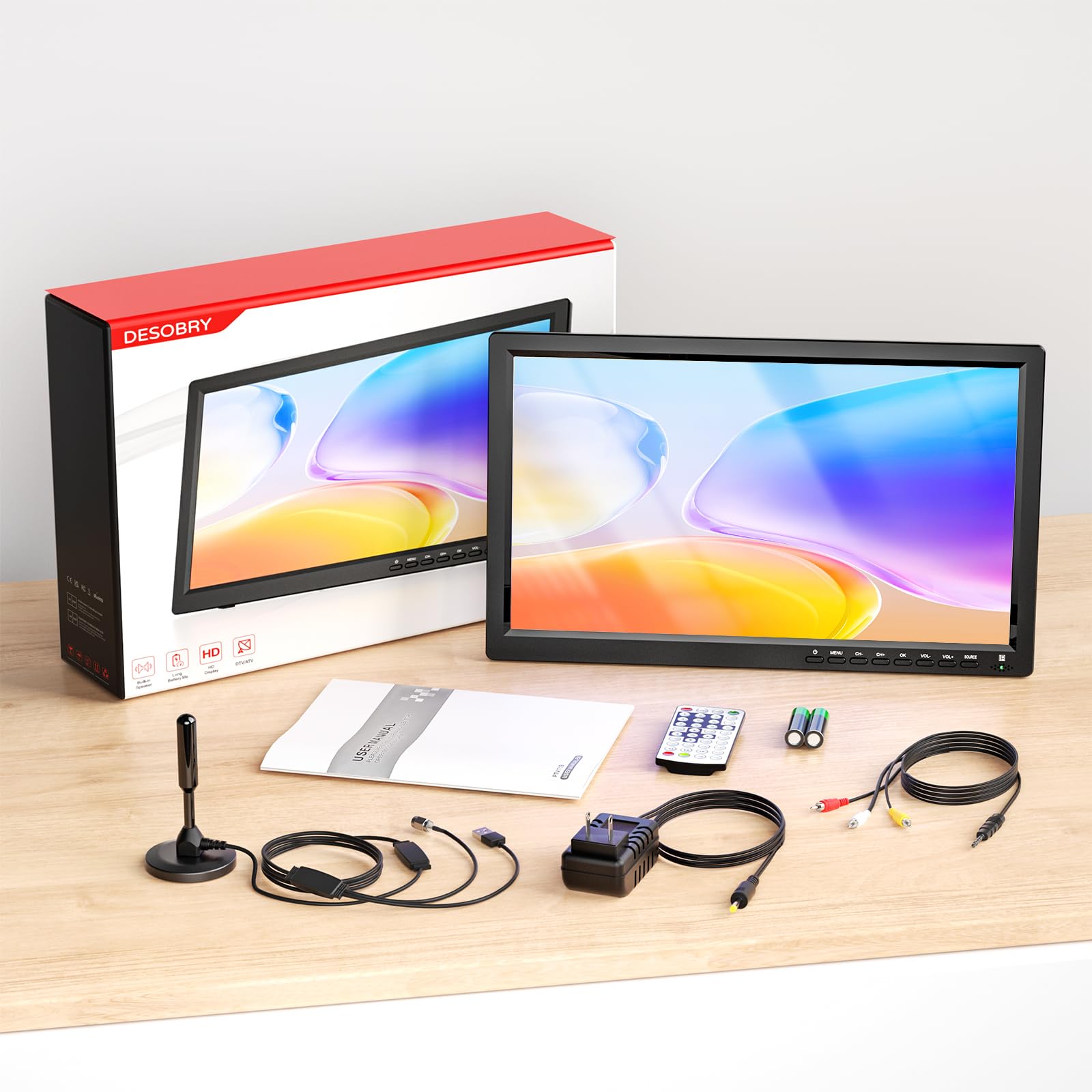 Desobry 15.6 Inch Portable TV with Rechargeable Battery | 1080P HD DVB-T2 Digital Tuner | USB/HDMI/AV Inputs | 12V for RV, Campervan & Travel | Includes Antenna, AC Adapter & Remote Control | Perfect for Camping, Road Trips & Small Spaces