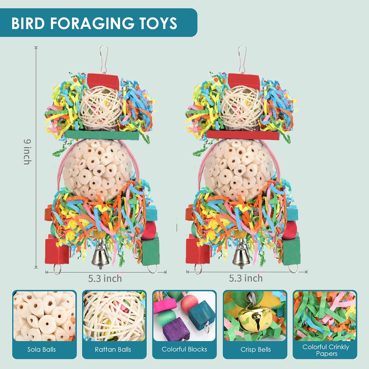 BBjinronjy 2PCS Natural Soft Sola Ball Bird Chew Toys - Hanging Forage & Shred Toys for Parrots, Cockatiels, Conures, Love Birds, Parakeets, Budgies | Perfect for Cage Enrichment & Beak Exercise