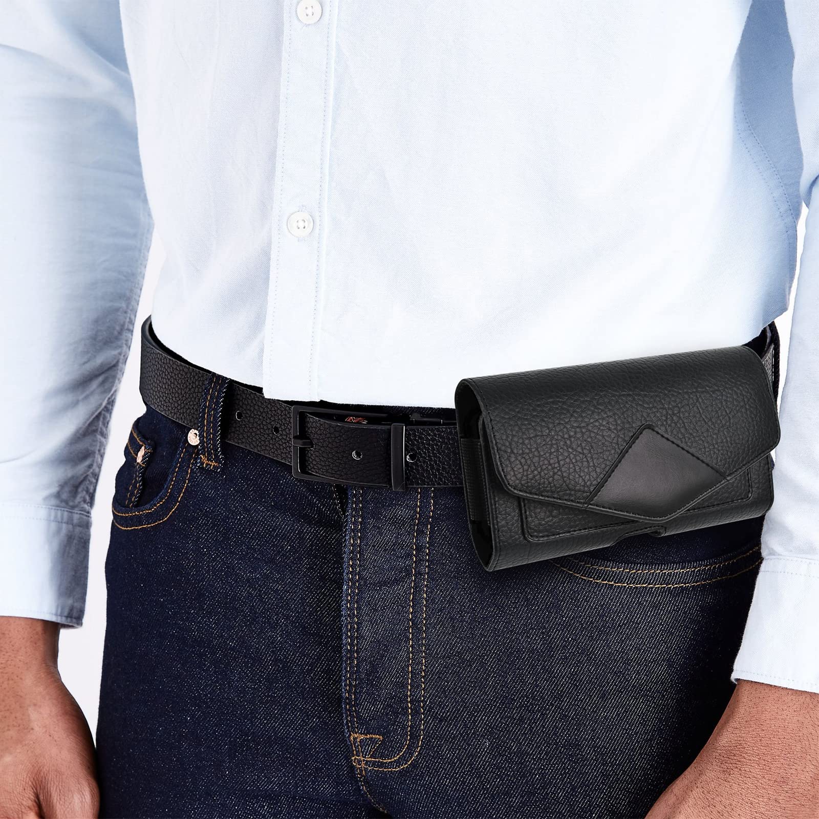 Leather Phone Holster Belt Loop Pouch for iPhone 14 13 12 Pro Max & Samsung Galaxy - Black Men's Waist Wallet Holder for Carrying Smartphones - Perfect for Outdoor Work, Hiking, and Hands-Free Convenience