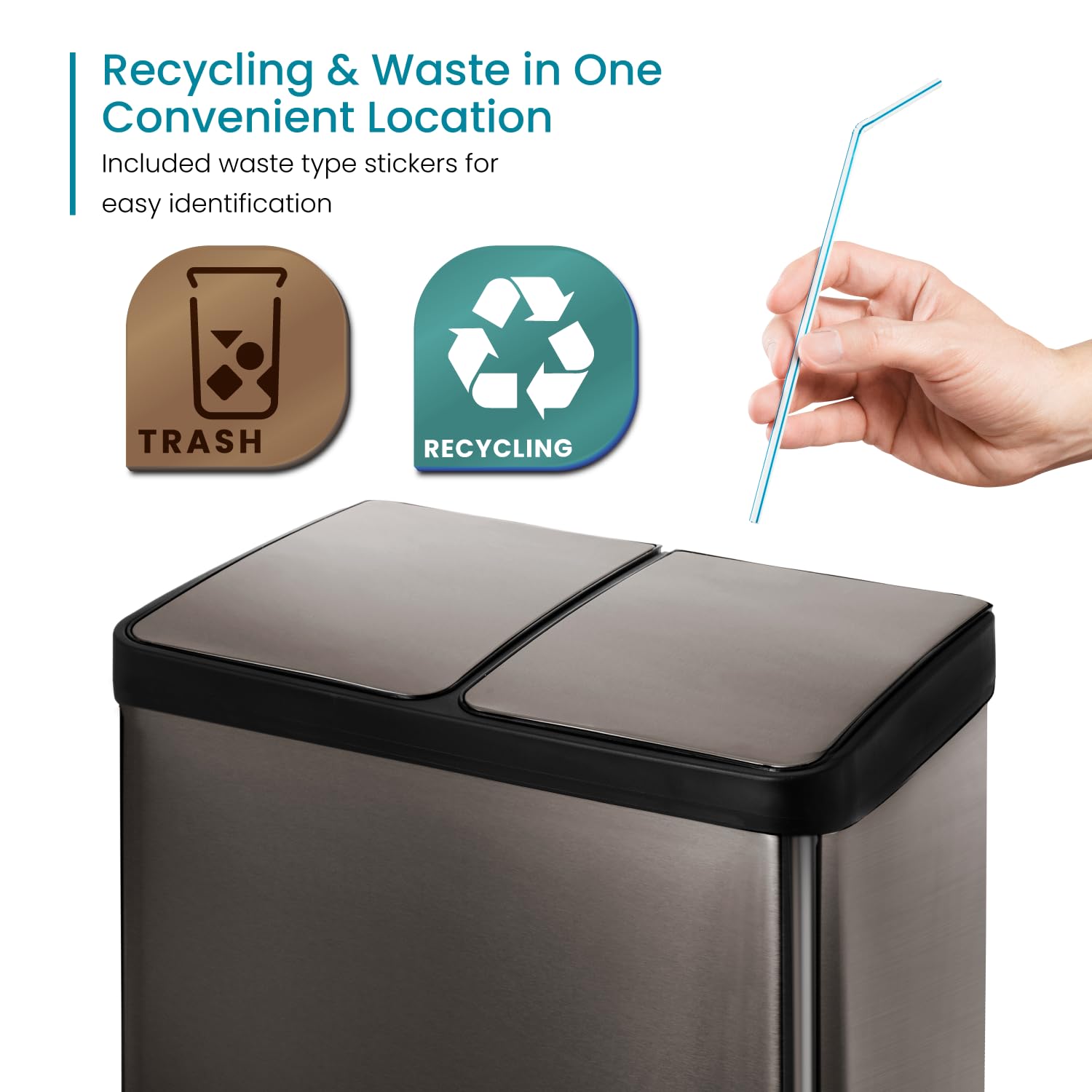 15.8 Gallon Stainless Steel Kitchen Trash Can with Dual Removable Liners - Black Recycling & Waste Bin for Home & Office | Space-Saving Design for Small Kitchens & Pantries