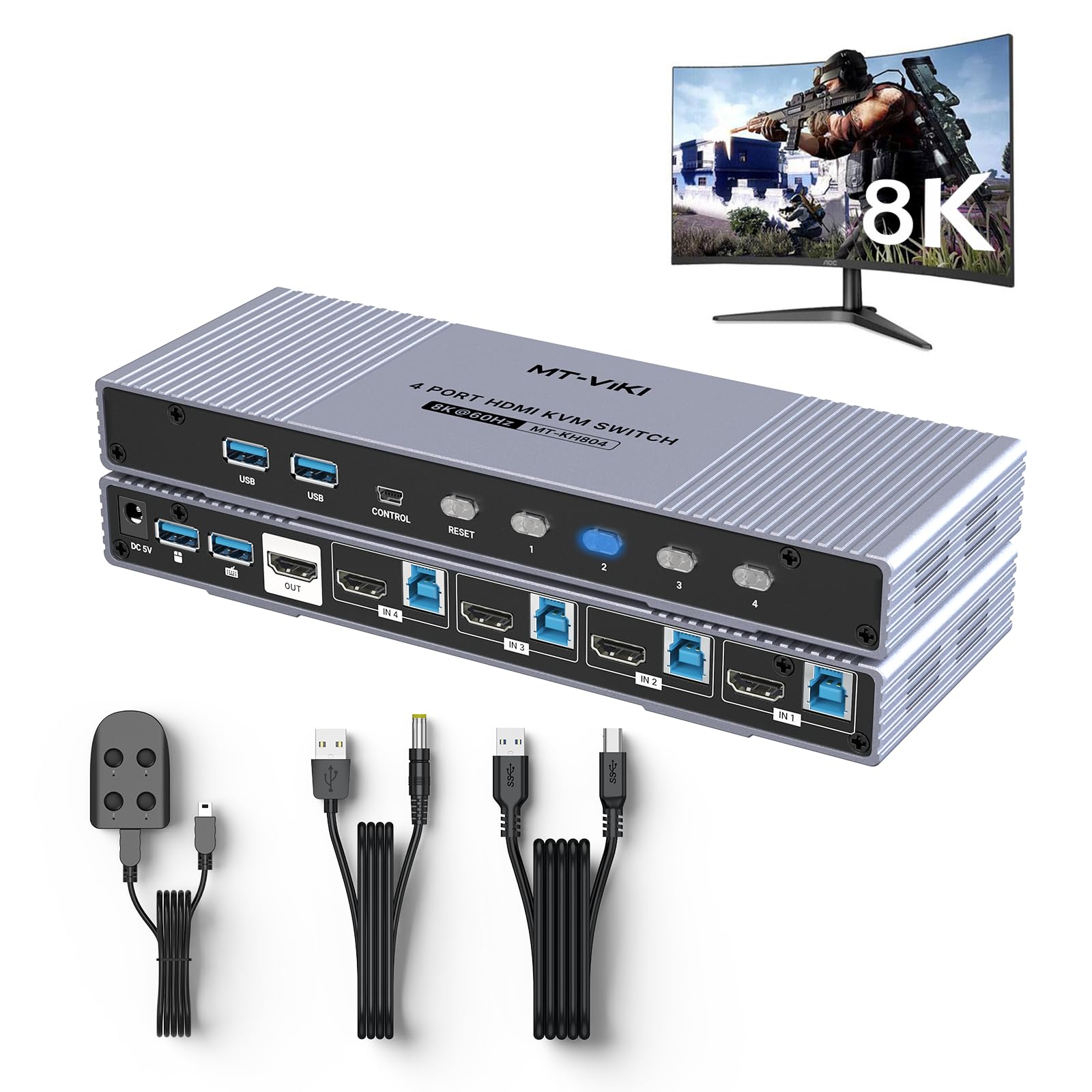 MT-VIKI 8K@60Hz HDMI 2.1 KVM Switch 4 Port - 4 in 1 Out USB 3.0 Switcher with HDCP 2.3, Dolby Audio, 3D HDR Support | Aluminum Case with Wired Controller & USB Cables | Perfect for Gaming, Home Theater & Multi-Computer Workstations