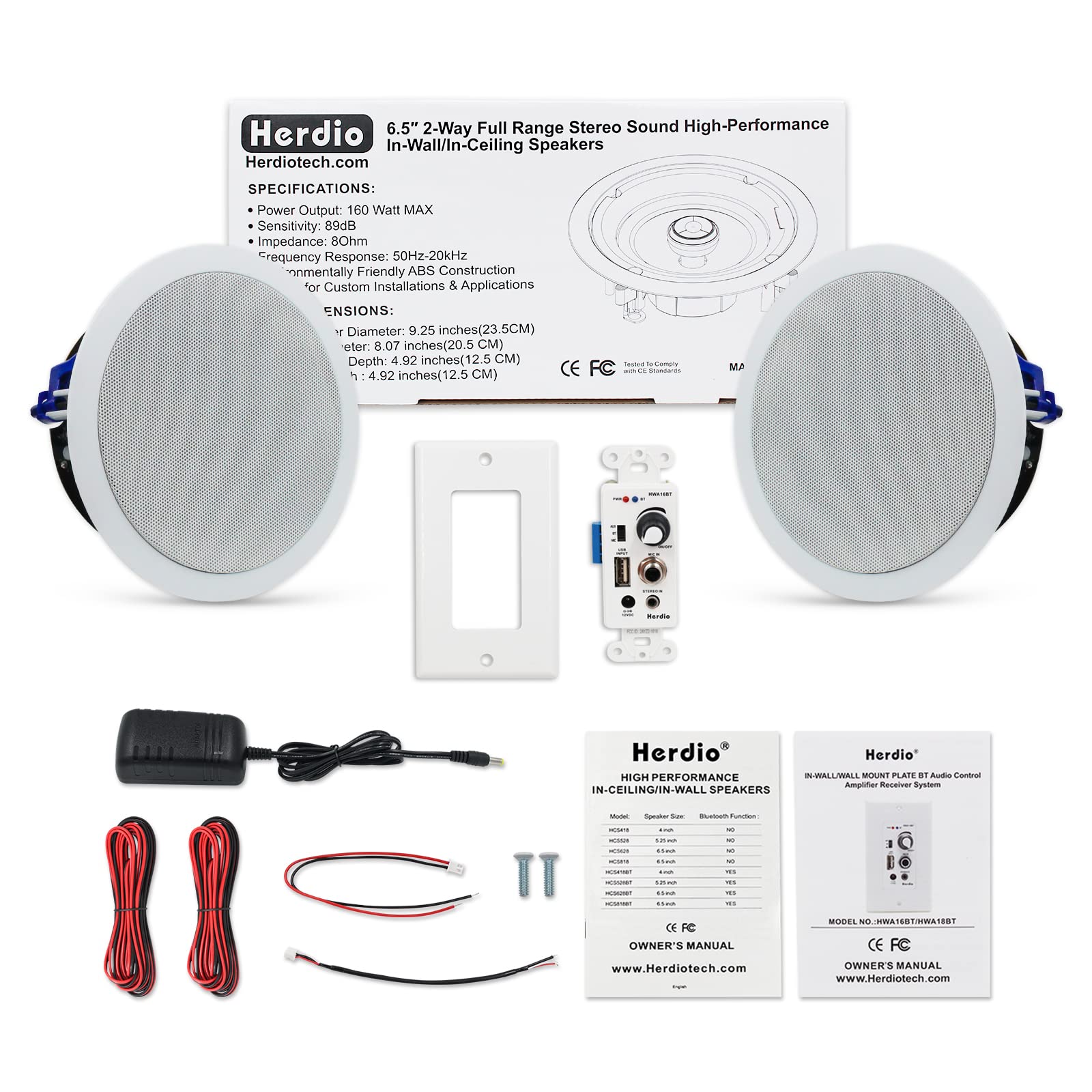 Herdio 6.5 Inch 320W Bluetooth Ceiling Speakers - 2-Way Flush Mount In-Wall Stereo System with Amplifier for Home Theater, Bathroom, Living Room, Kitchen & Office (White, Pair) - Perfect for Whole-House Audio & Background Music