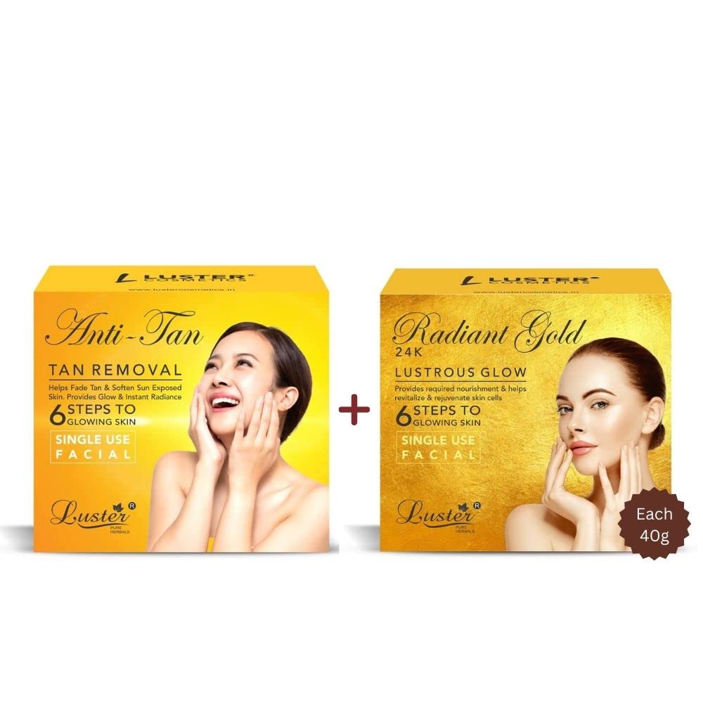Luster Anti-Tan Facial Kit & Radiant Gold Facial Kit - 6 Step Mini Facial Treatment for Women & Men | Paraben & Sulfate Free (40g Each) | Brightening & Glow Boosting Skincare for Daily Use & Special Occasions