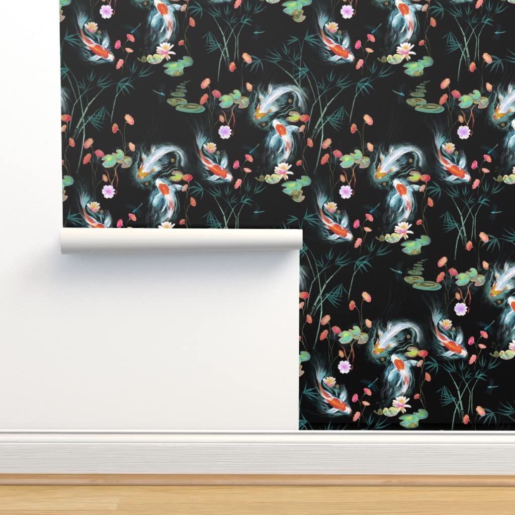 Premium Commercial Grade Wallpaper Roll 27ft x 2ft - Japanese Koi Fish Water Garden Design, Black Chinoiserie Floral Traditional Pattern for Living Room, Bedroom & Office Decoration