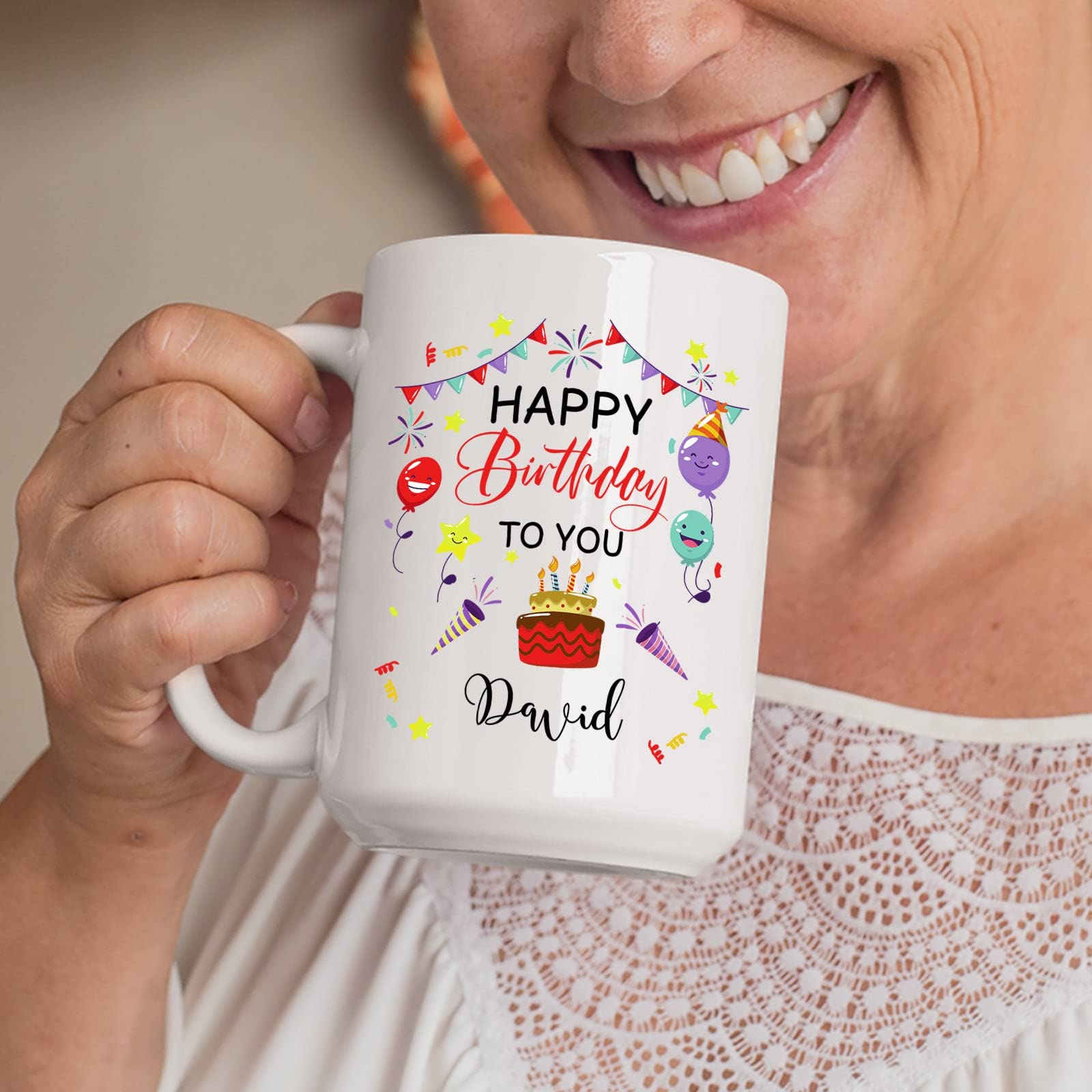 Personalized Happy Birthday Mug - Custom Name Coffee Cup for Men & Women - 11oz or 15oz White Ceramic Tea Mug - Ideal Gift for Birthday Parties, Office Celebrations & Anniversary Surprises