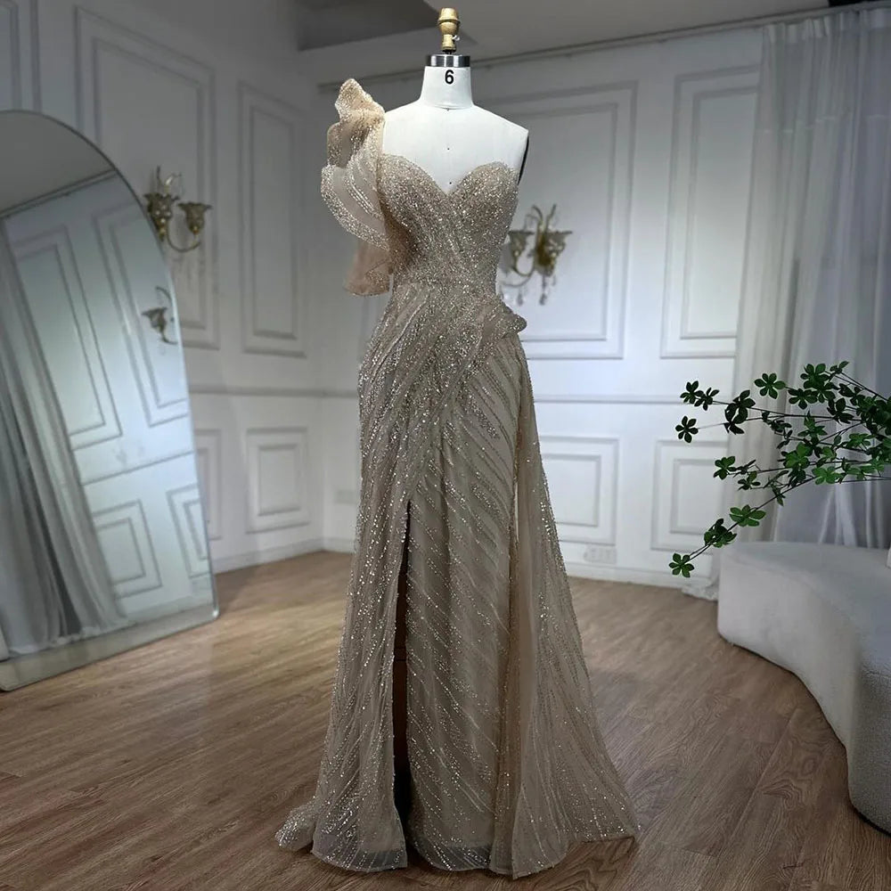 Elegant One Shoulder Nude Mermaid Evening Dress with Beaded Overskirt - Women's Formal Gown for Weddings, Prom & Special Occasions | Serene Hill LA72389