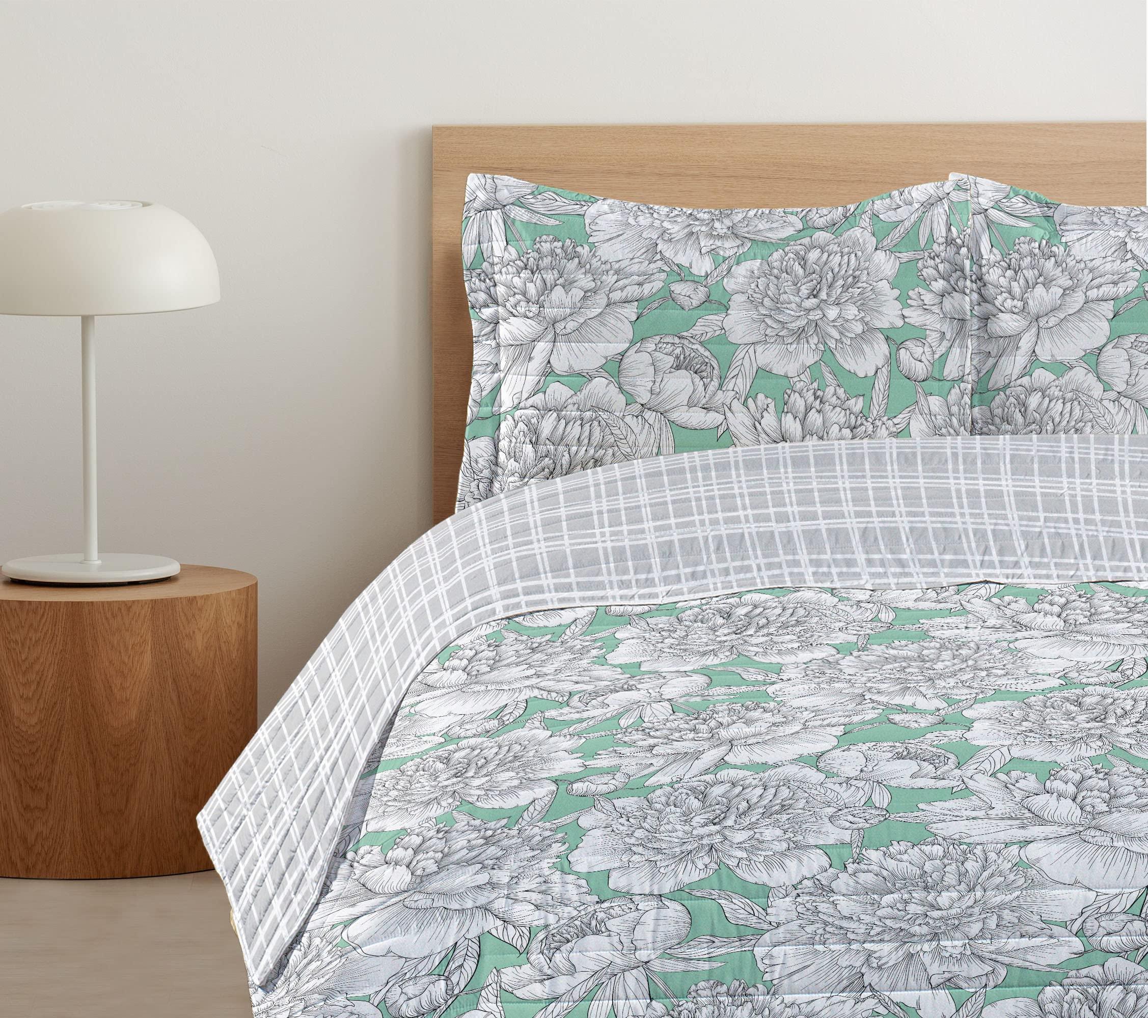 Ambesonne Floral Reversible King Size Bedspread Set with Pillow Shams - Hand Drawn Rose, Chamomile & Peonies Design on Microfiber Bedding - Almond Green - Perfect for Master Bedroom, Guest Room & Bohemian Home Decor