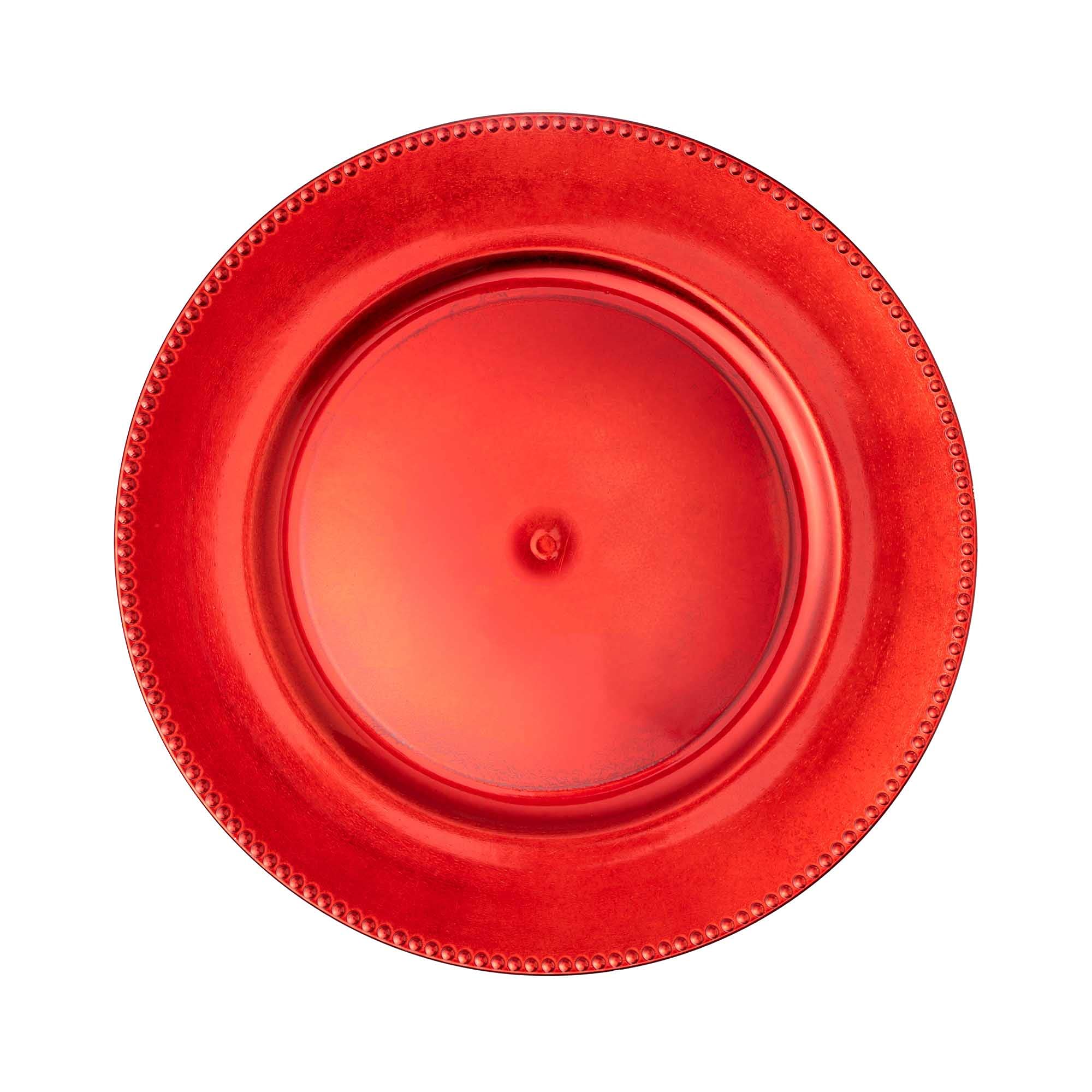 Elegant Beaded Edge Plastic Charger Plates - 13 Inch Red Glossy Dinner Plates for Weddings, Parties, Events - Set of 24 - Perfect for Quinceañeras, Banquets & Formal Dining Decor