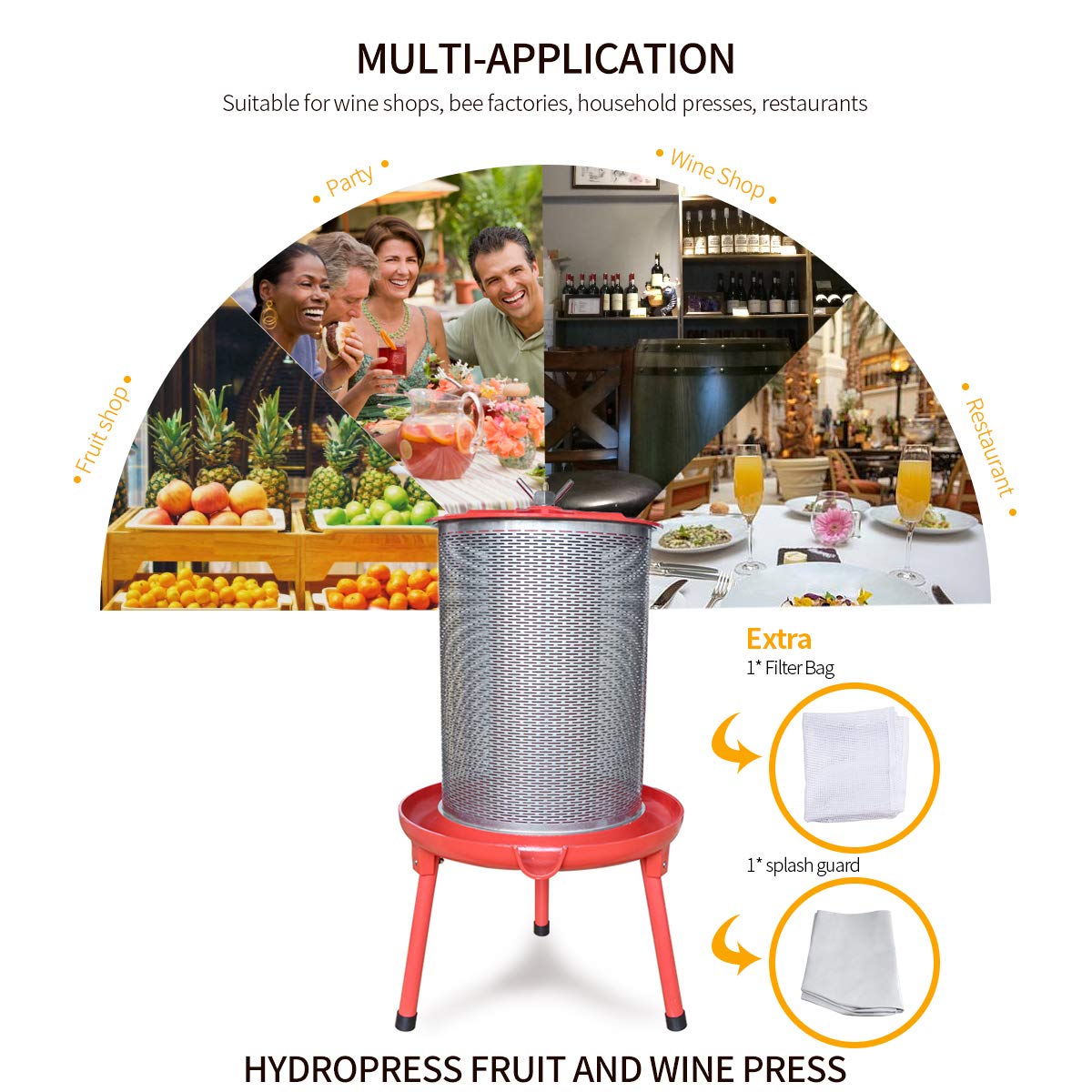 Electric-Free Hydraulic Fruit Wine Press - 5.3 Gallon Water-Powered Cider & Juice Maker with Filter Bag & Splash Guard for Apple, Grape, Berry Winemaking at Home