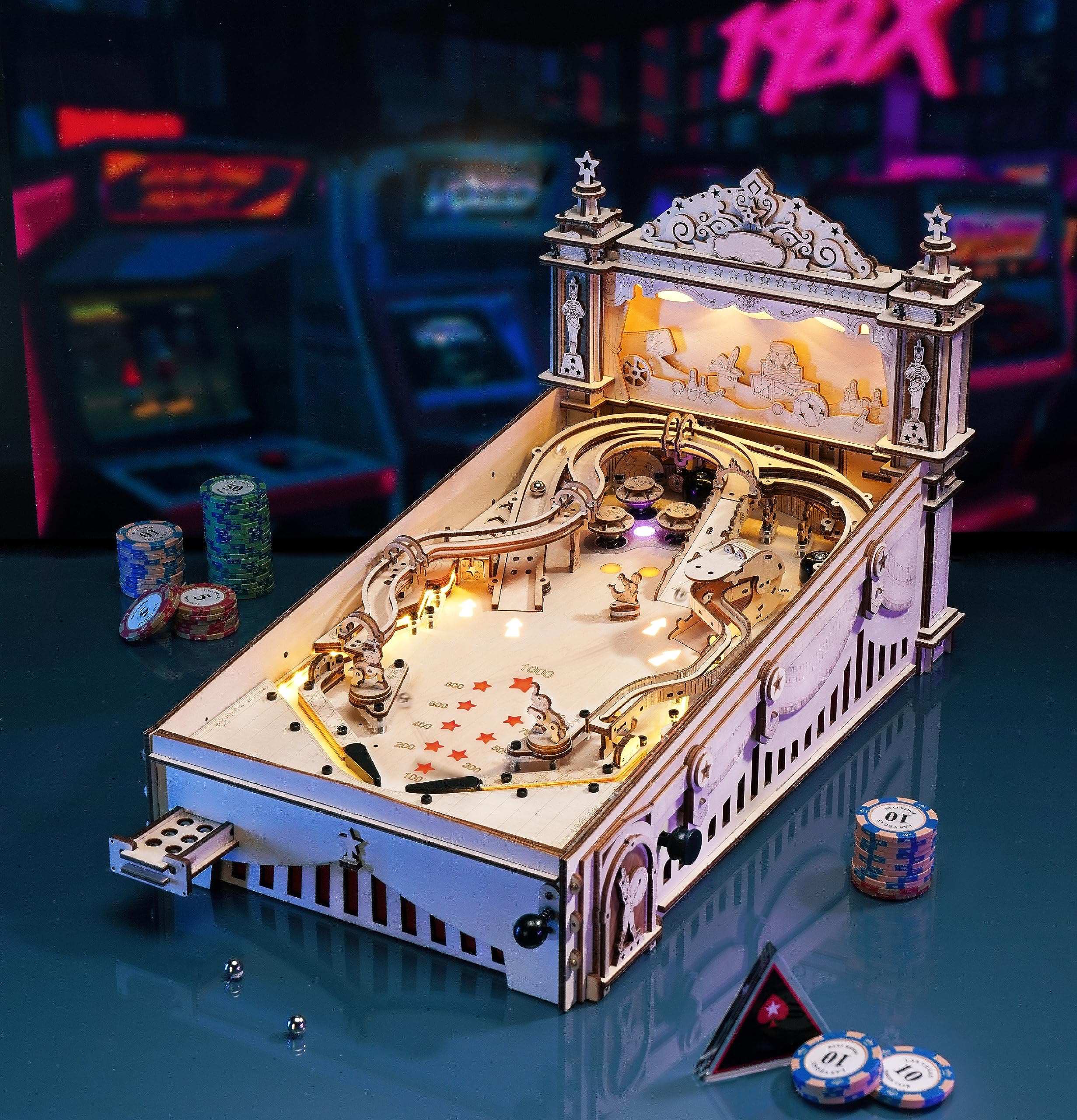 3D Wooden Puzzle for Adults - DIY Pinball Machine Building Kit, Mechanical Model Kits for Teens & Kids - Fun Family Party Games & STEM Learning Activity for Home & Classroom