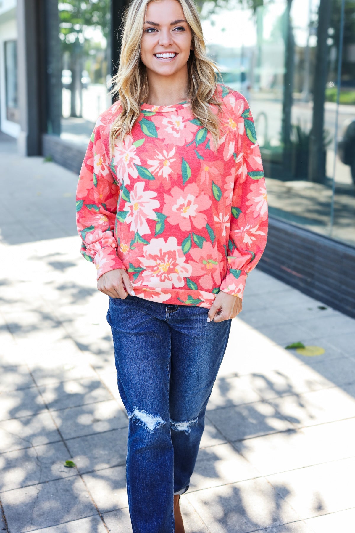 Stylish Red Floral Brushed Hacci Sweater Top for Women | Soft Comfortable Knit Pullover | Perfect for Fall Outfits, Date Nights & Casual Wear