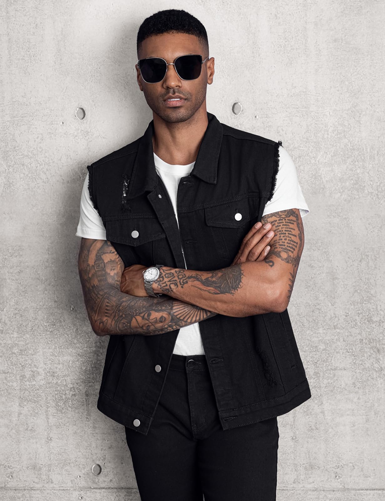 Longbida Men's Distressed Denim Vest - Sleeveless Ripped Slim Fit Jean Jacket for Casual Wear & Street Style | Perfect for Layering, Outdoor Events & Fashion Outfits