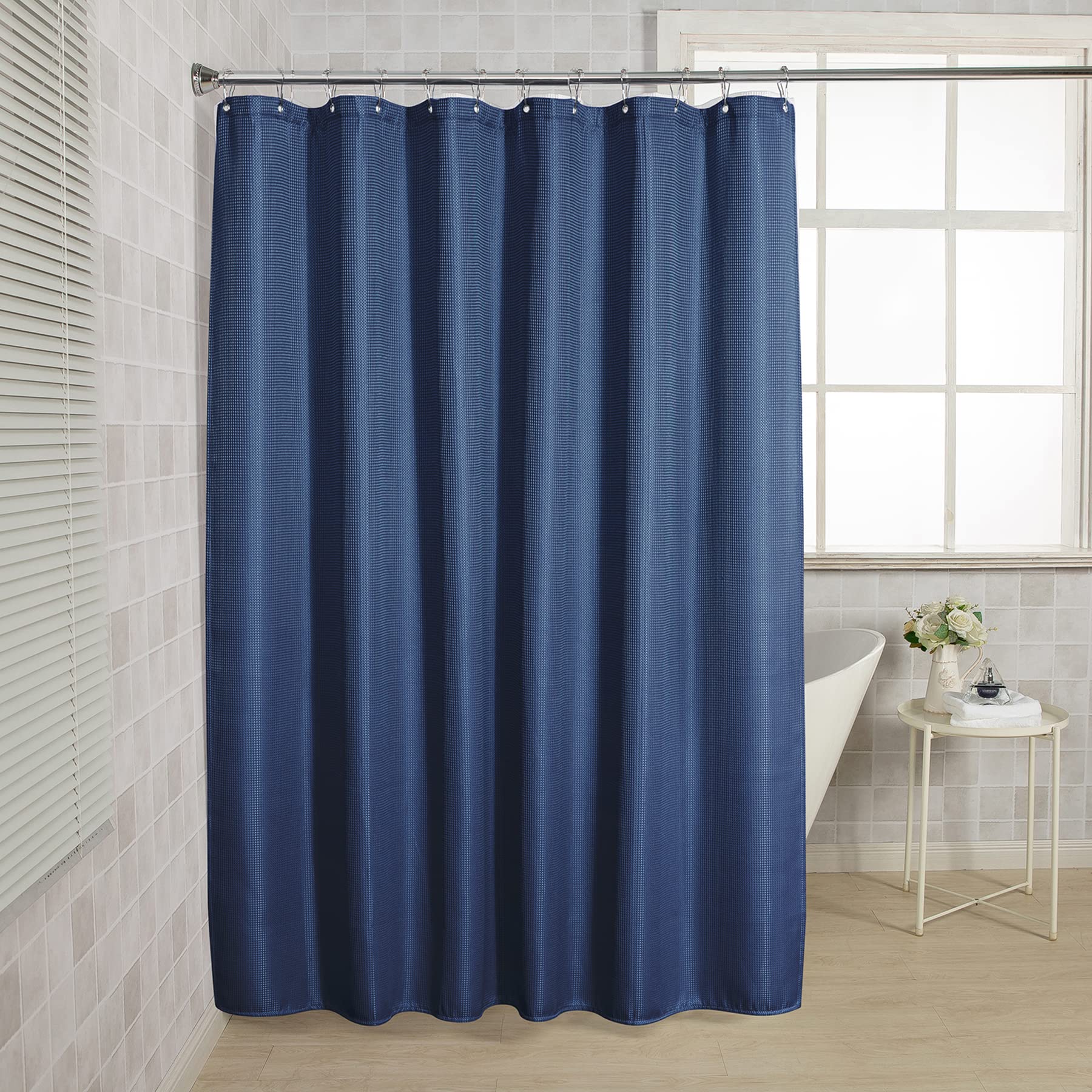 AmazerBath Waffle Weave Shower Curtain - Navy Blue Heavy Duty Hotel Quality Fabric Bathroom Curtain, 72x72 Inches - Perfect for Spa-Like Bathrooms & Luxury Hotel Decor