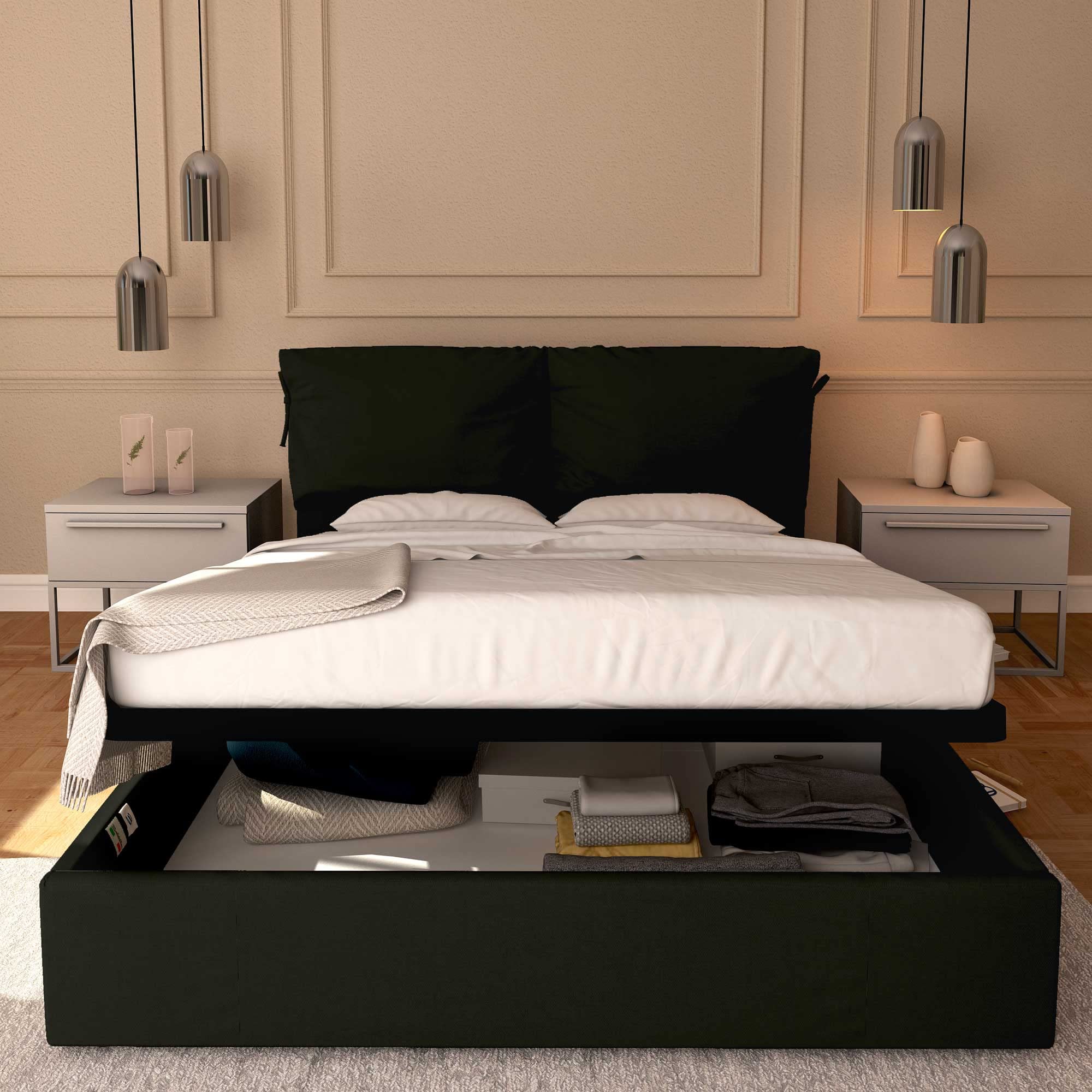 Baldiflex Single Bed with Storage - Licia Soft Synthetic Leather Upholstery, Slatted Base for Single Mattresses, 140x190cm, Padded Headboard, Black - Perfect for Small Bedrooms, Guest Rooms & Studio Apartments