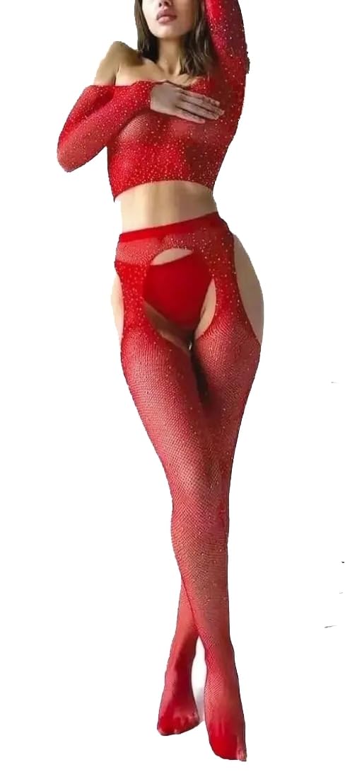 Sexy Lingerie Sets for Women - Mesh Bodysuit with Rhinestone Decorations & Fishnet Stockings | Perfect for Valentine's Day, Bridal Shower, or Romantic Nights
