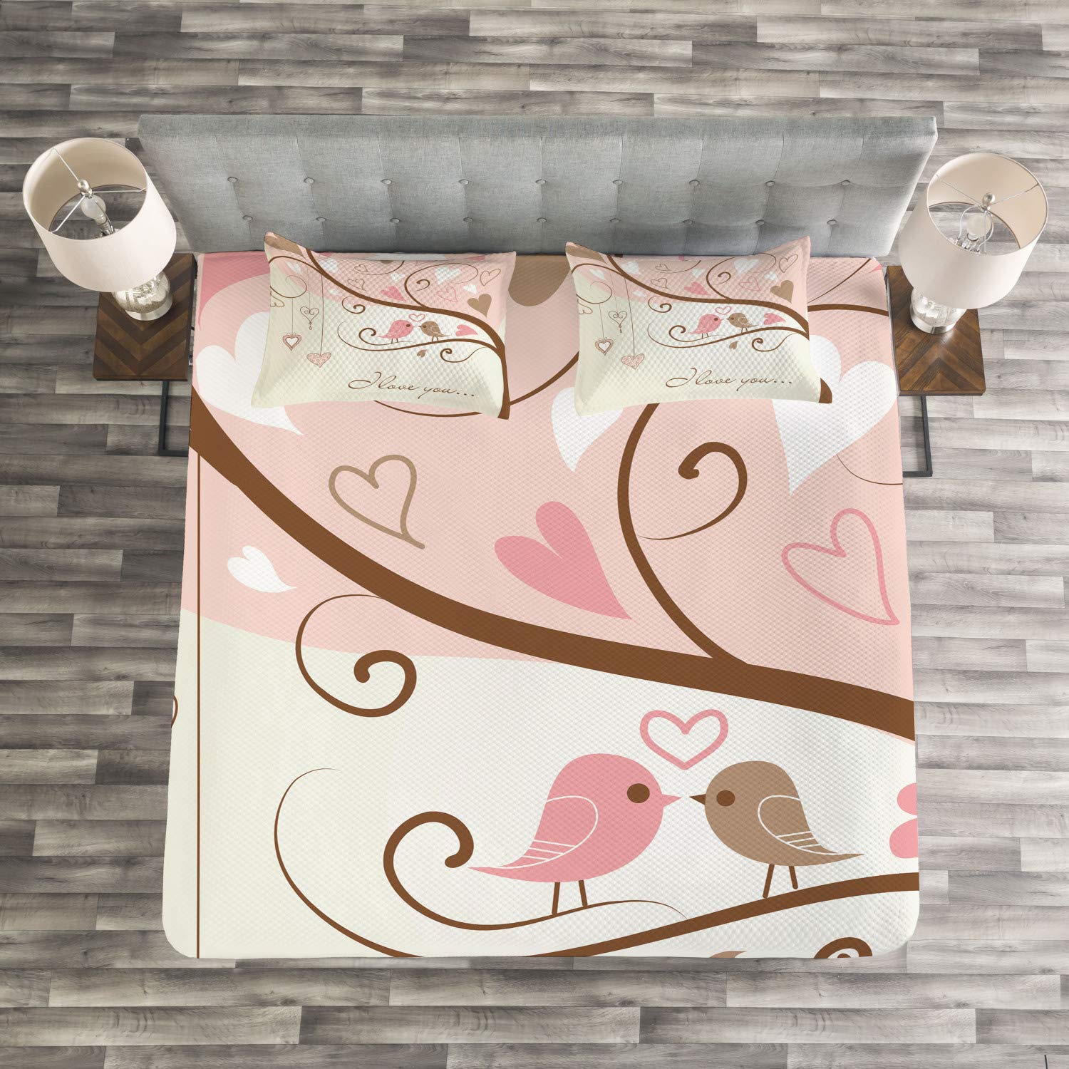 Ambesonne Love Birds on Branch Abstract Heart Print 3-Piece King Size Bedspread Set with 2 Pillow Shams - Blush Brown Beige Nature-Inspired Bedding for Romantic Bedroom Decor