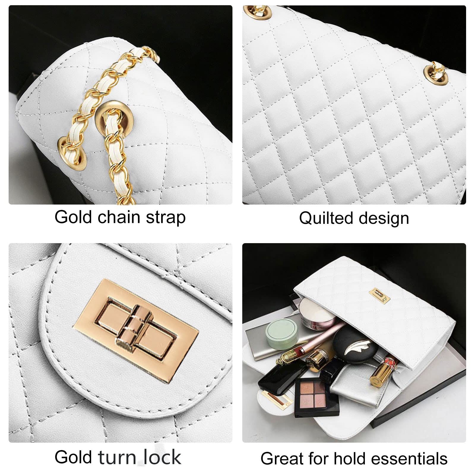 Women's Black Faux Leather Quilted Crossbody Bag with Chain Strap - Stylish Shoulder Purse & Clutch for Work, Travel & Evening Out