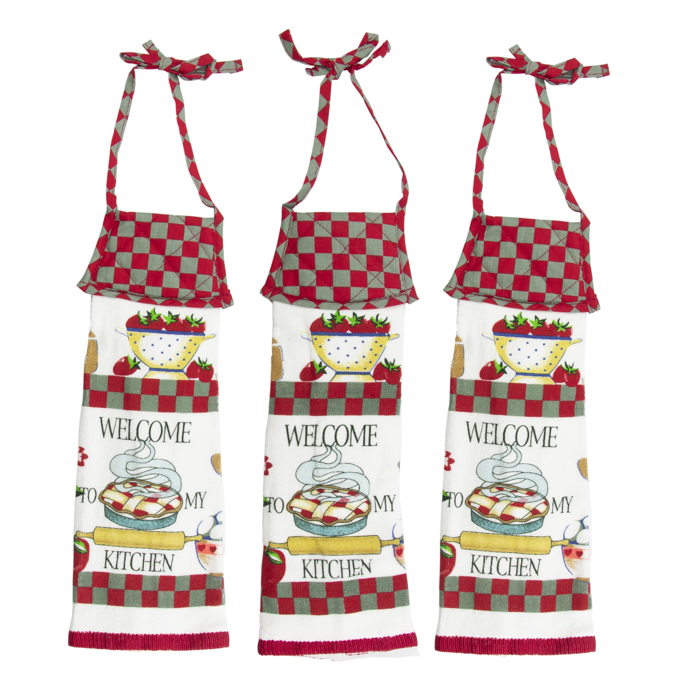Premium Tie Top Hanging Kitchen Towels Set - 3 Pack White & Red Cotton Dish Towels for Cooking, Baking & Home Decor