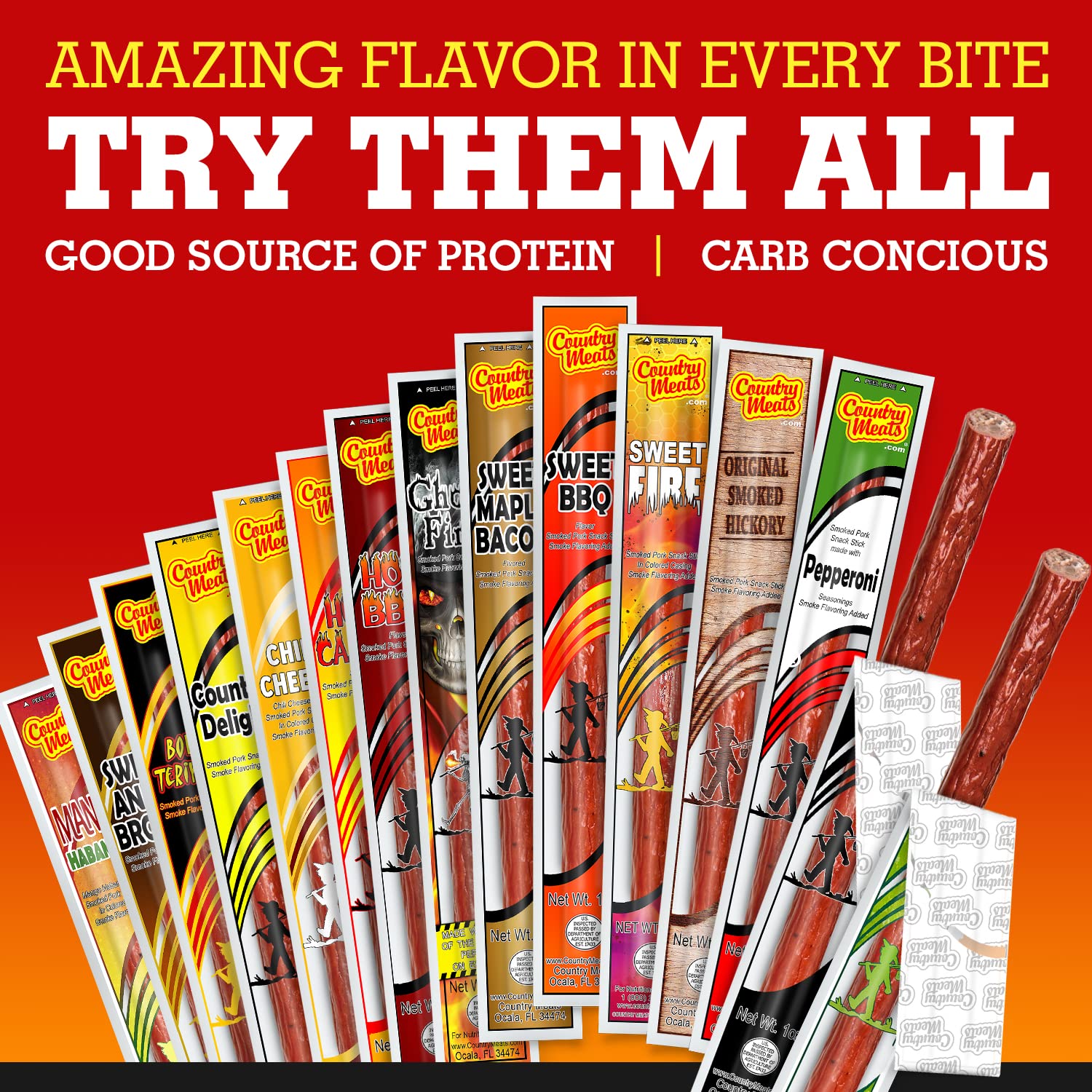 USDA Certified Meat Sticks - Bold Teriyaki Flavor, 0 Trans Fat, High Protein & Low Carb Snack (10 Pack) | Perfect for Hiking, Camping & On-the-Go Nutrition