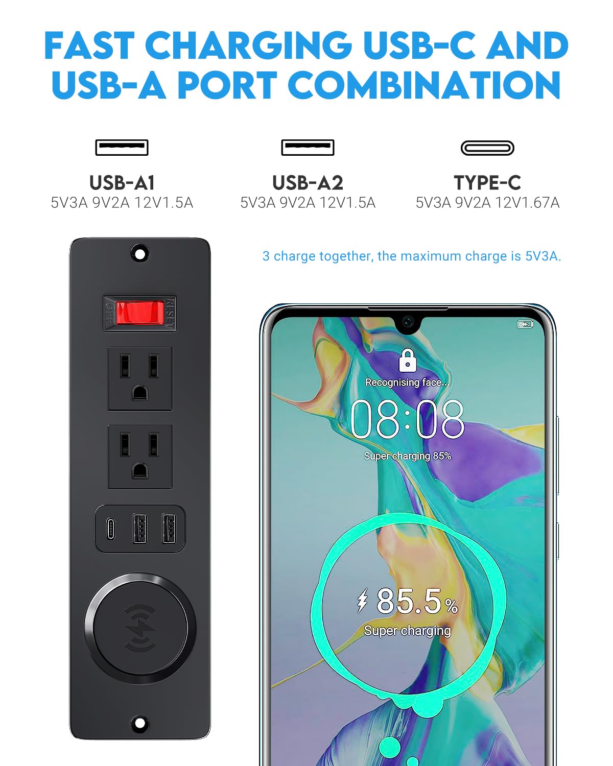 15W Recessed Power Strip with Wireless Charger & PD20W USB-C Fast Charging - 3 Outlets, 6ft Cord for Nightstand, Sofa Table, Drawer - Perfect for Bedroom, Office & Living Room Furniture Charging Needs
