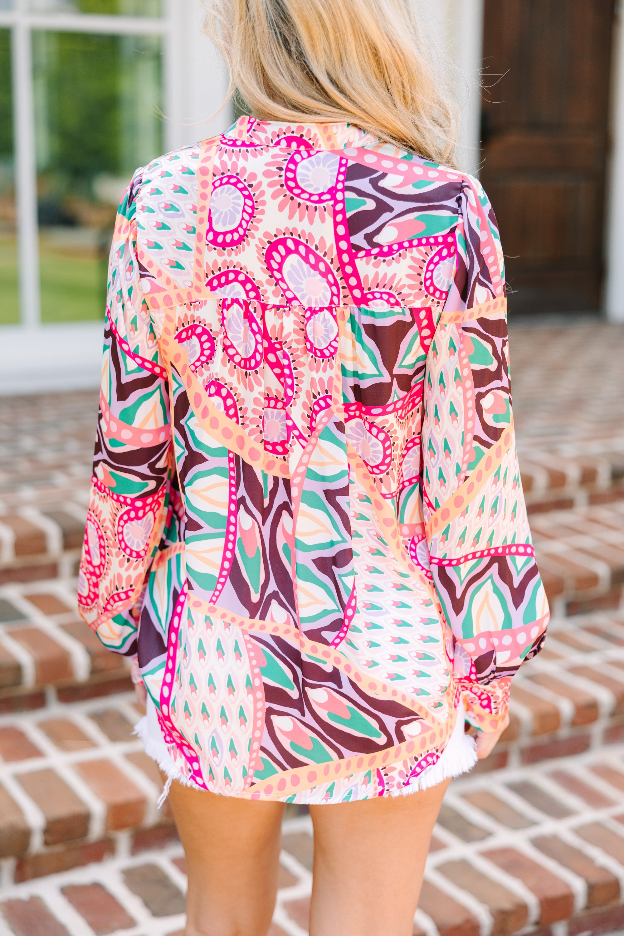 Do It For You Peach Pink Abstract Blouse - Women's Fashion Top for Casual Wear, Office & Date Night