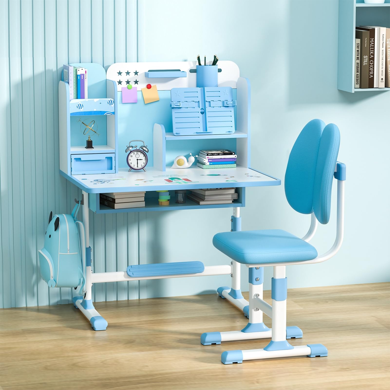 YOXIER Adjustable Kids Desk and Chair Set - Ergonomic Study Table with Book Stand, Foot Pedal & Partition Design - Blue | Perfect for Homeschooling, Online Learning & Children's Study Room
