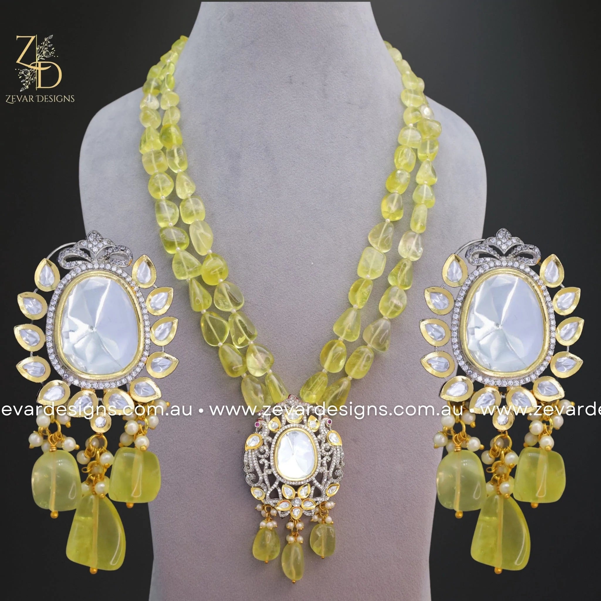 Kundan and AD Dual Finish Long Necklace Set in Lemon Yellow - Perfect for Weddings, Parties, and Festive Occasions