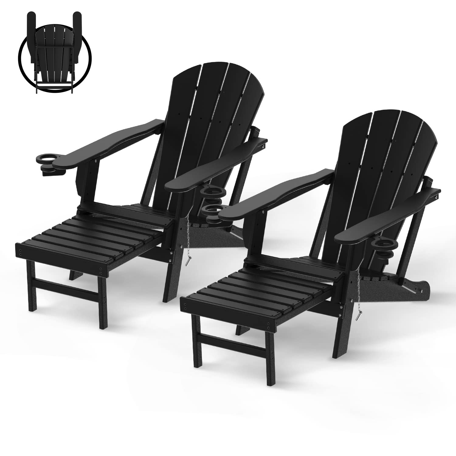 2 Pack Folding Adirondack Chairs with Ottoman Set - Weather Resistant HDPE Outdoor Patio Chairs with Cup Holders & Retractable Footrest - Perfect for Poolside, Lawn, Fire Pit, Deck, Porch, Camping and Backyard Relaxation - Black