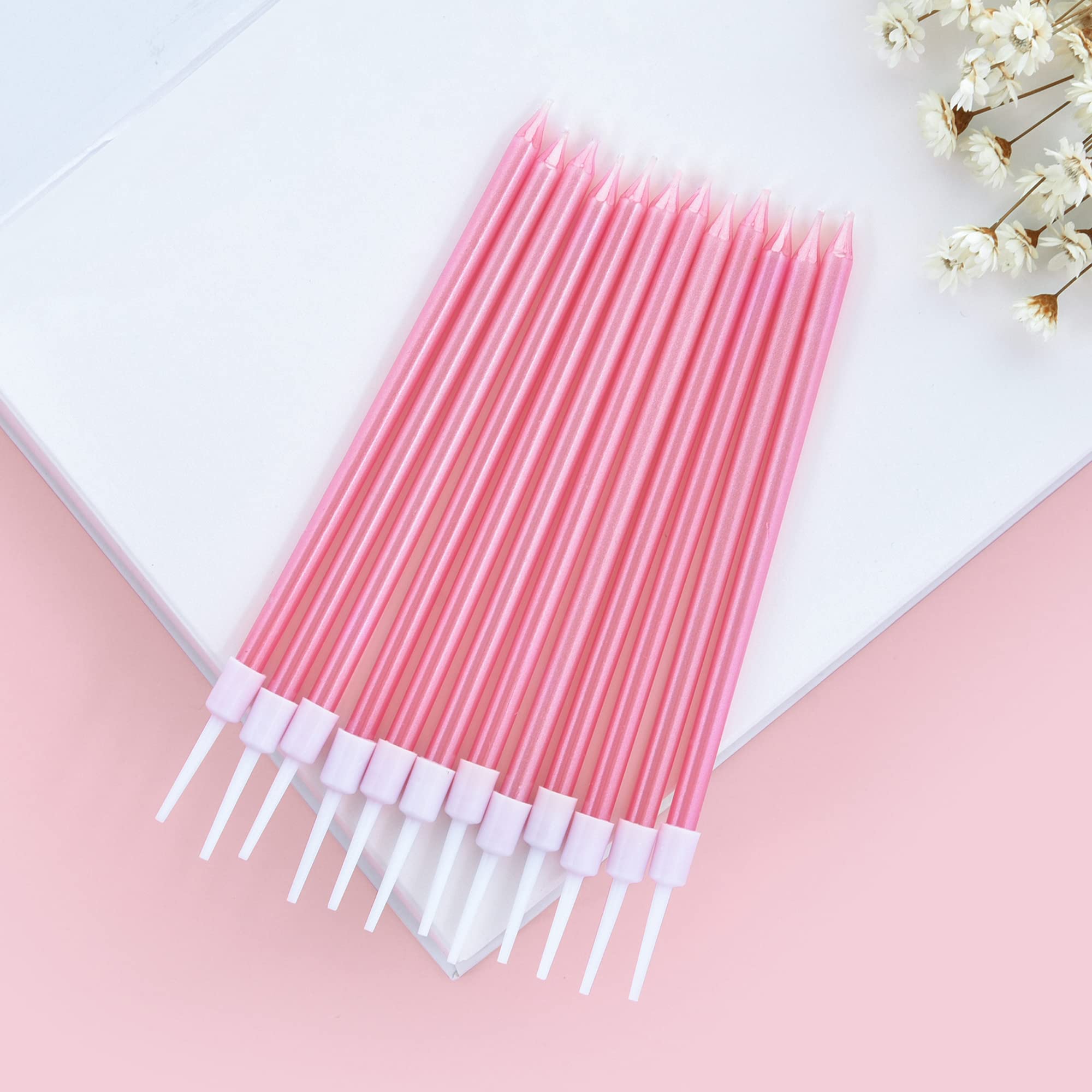 Bella Meri Pink Long Thin Metallic Birthday Candles - Elegant Cake Candles for Birthday Parties, Wedding Decorations & Special Events - Perfect for Cakes, Cupcakes and Dessert Tables